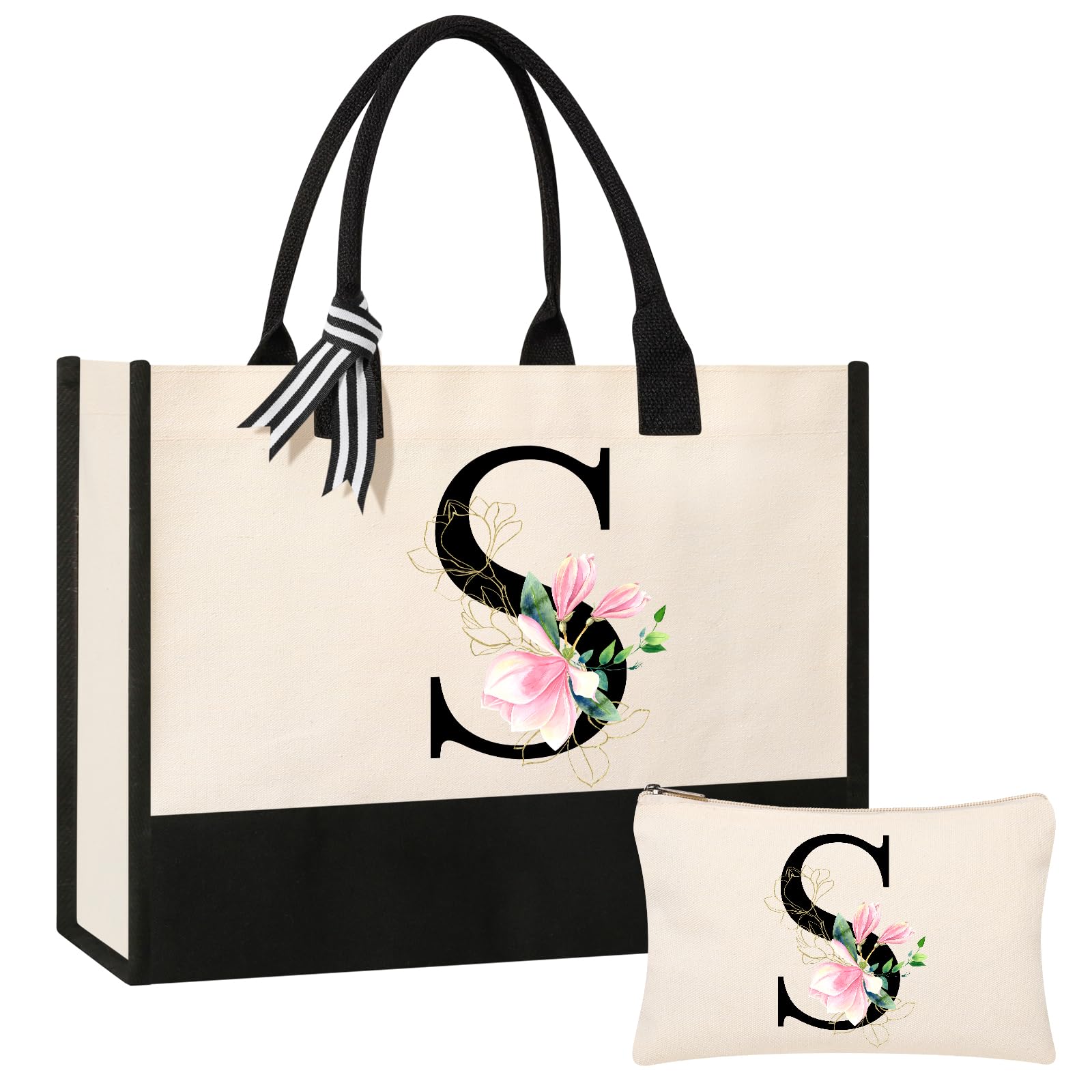 AYGE Personalized Initial Canvas Beach Bag & Cosmetic Tote - Monogrammed Gifts for Women, Sister, Mom, Teacher & Bridesmaid (Small) - Perfect for Beach Trips, Travel & Birthday Presents