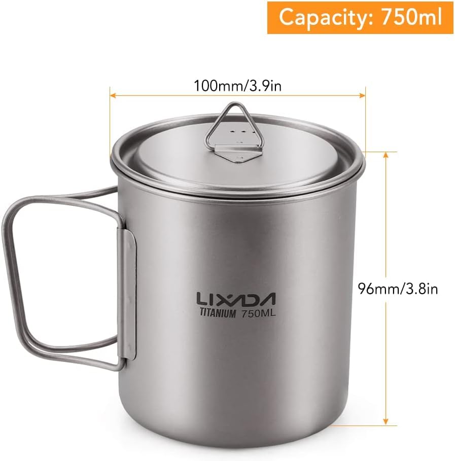 Lixada Titanium Camping Pot - Lightweight Backpacking Cookware with Foldable Handles, Durable Titanium Cup for Outdoor Adventures, Hiking & Camping - Perfect for Backpacking, Camp Cooking & Wilderness Survival