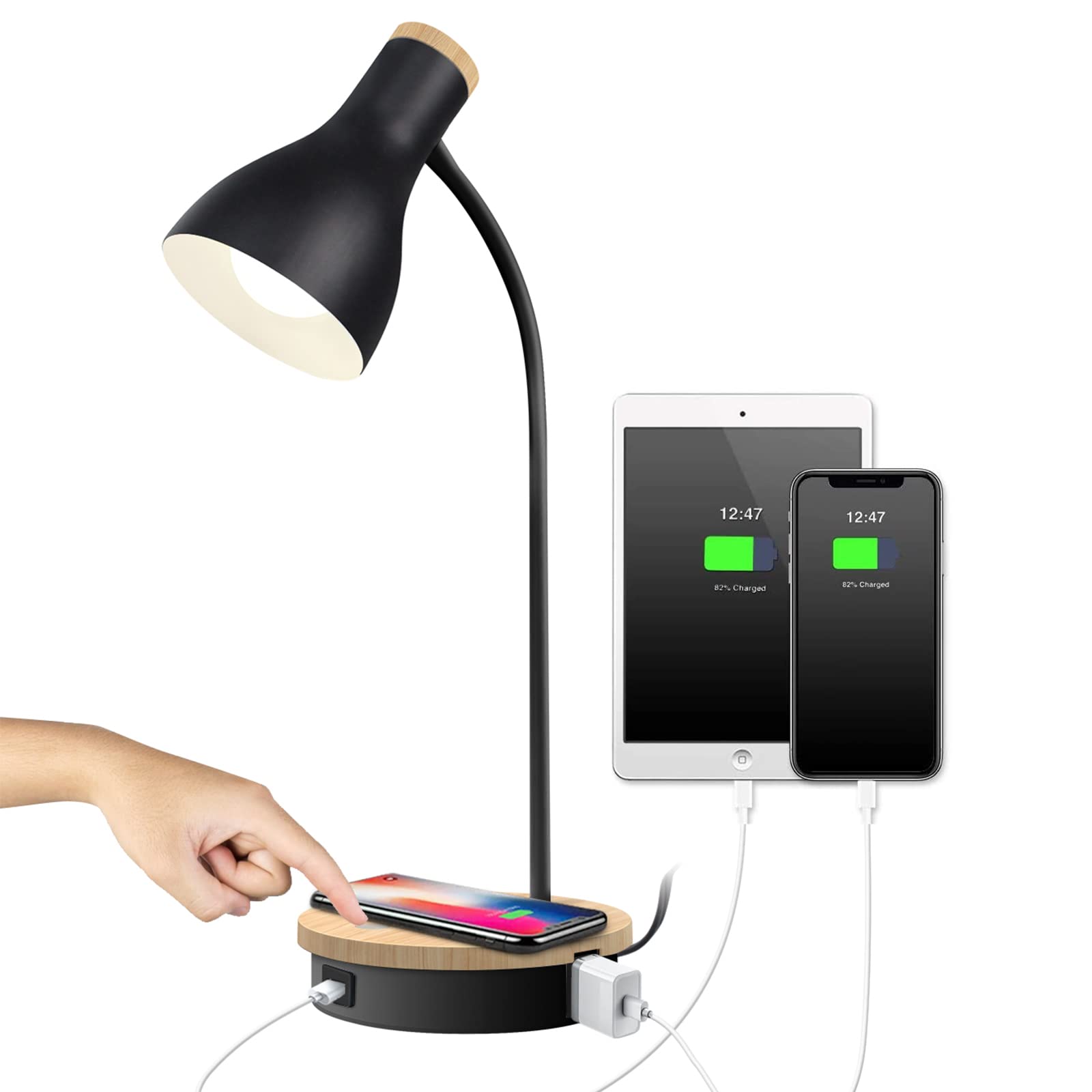 Wireless Charging Metal Desk Lamp - 3-Way Dimmable Touch Control LED Reading Light with USB Ports for Bedroom, Study Room & Office | Perfect for Night Reading, Working & Phone Charging (Black)