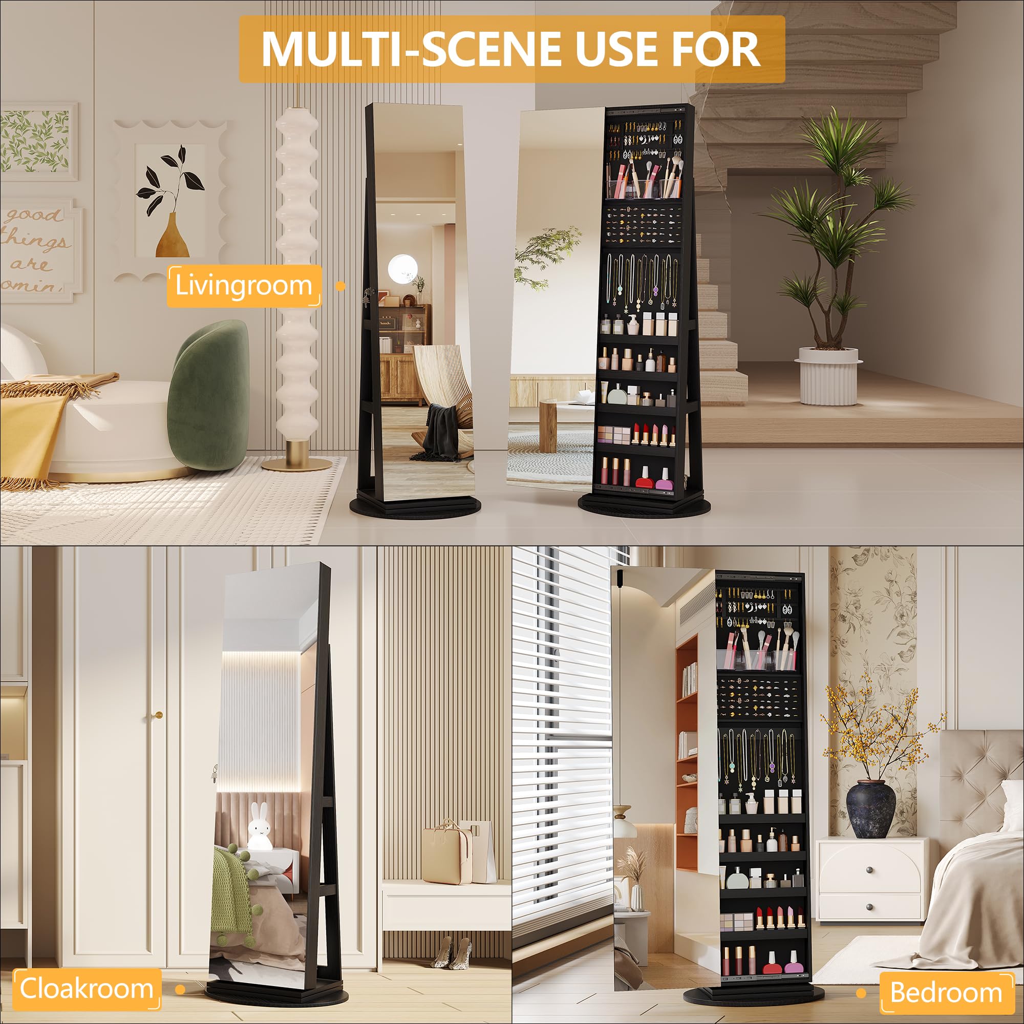 360° Swivel Jewelry Mirror Cabinet with Lock - 63