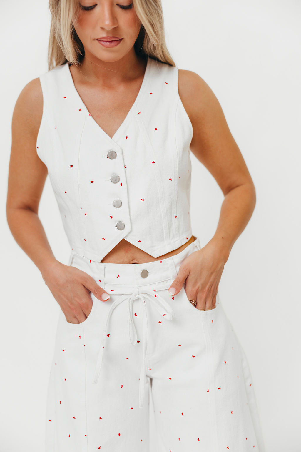 100% Cotton Mini Bow Print Twill Vest for Women - Off White Dolly Style | Casual Outfits, Spring Layering & Office Wear