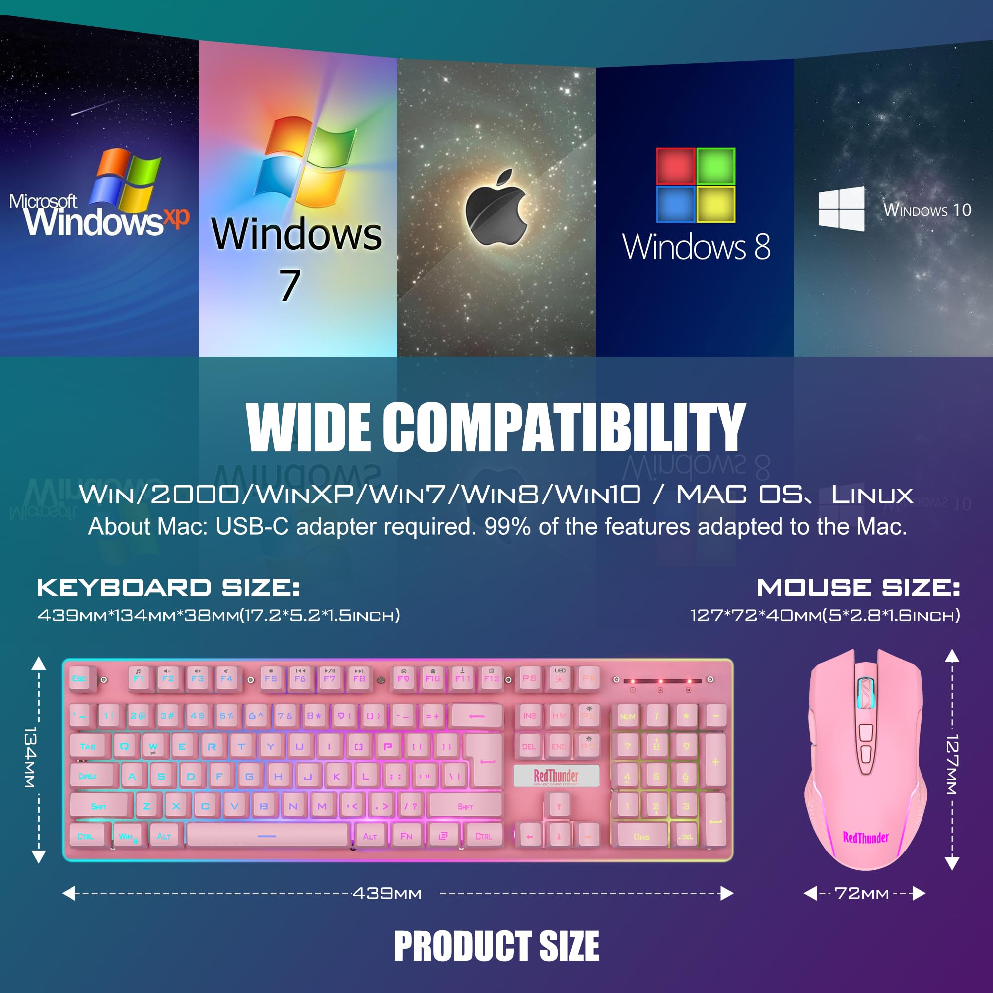 RedThunder K10 Wireless Gaming Keyboard & Mouse Combo - LED Backlit, Rechargeable for PC Gamers (Pink) - Perfect for Esports & Late Night Gaming