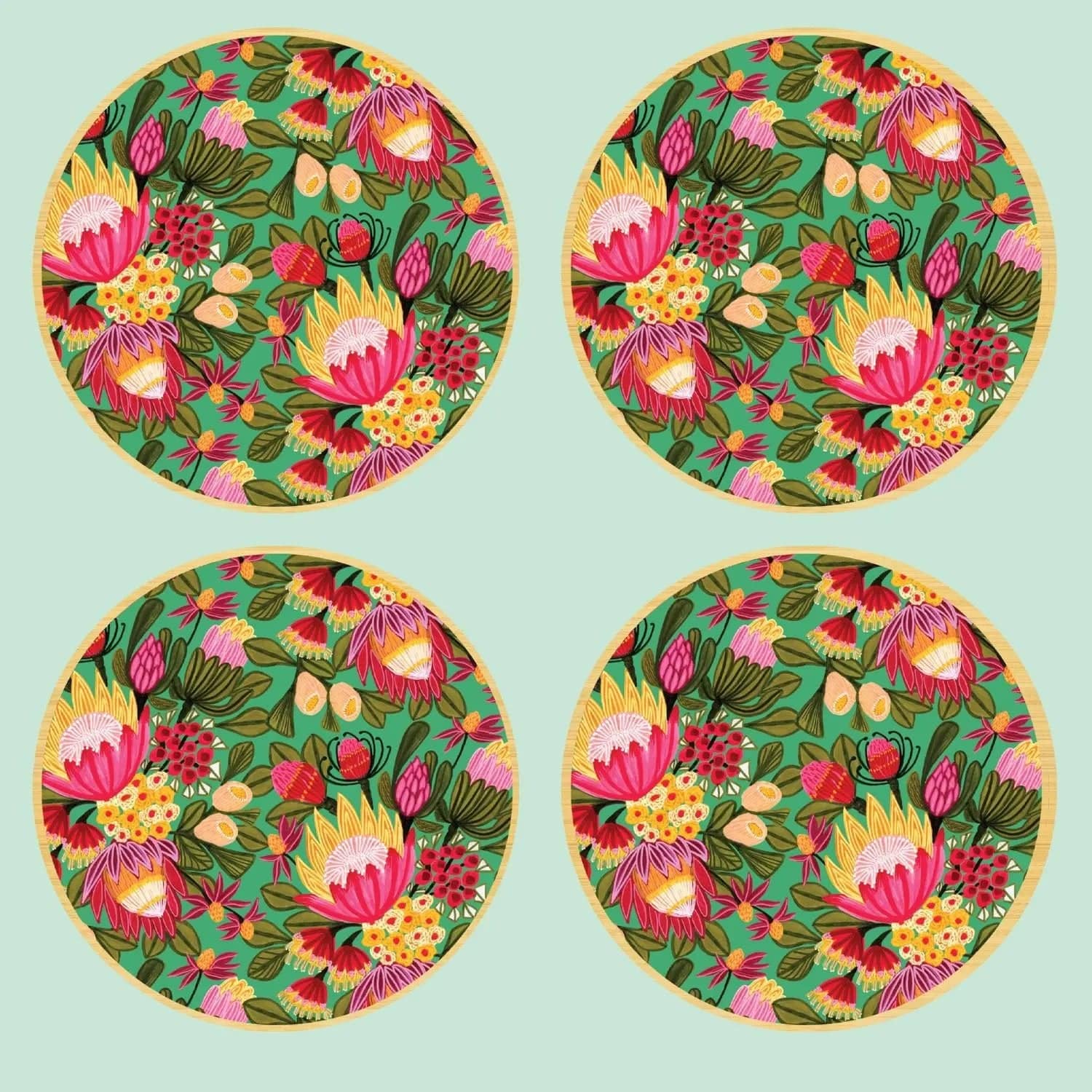 Festive Protea Flowers Australian Wooden Coaster Set - 4-Piece Handmade Wood Drink Coasters for Home Decor, Kitchen, Dining Table & Bar - Perfect for Christmas, Weddings & Housewarming Gifts