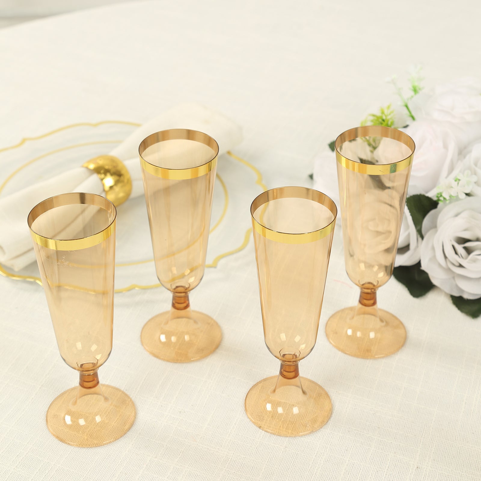 12 Pack Disposable Plastic Champagne Flutes - 5oz Clear Amber Gold Glasses with Gold Rim for Wedding, Party & Cocktail Events - Elegant Disposable Drinkware for Celebrations, Bridal Showers & Special Occasions