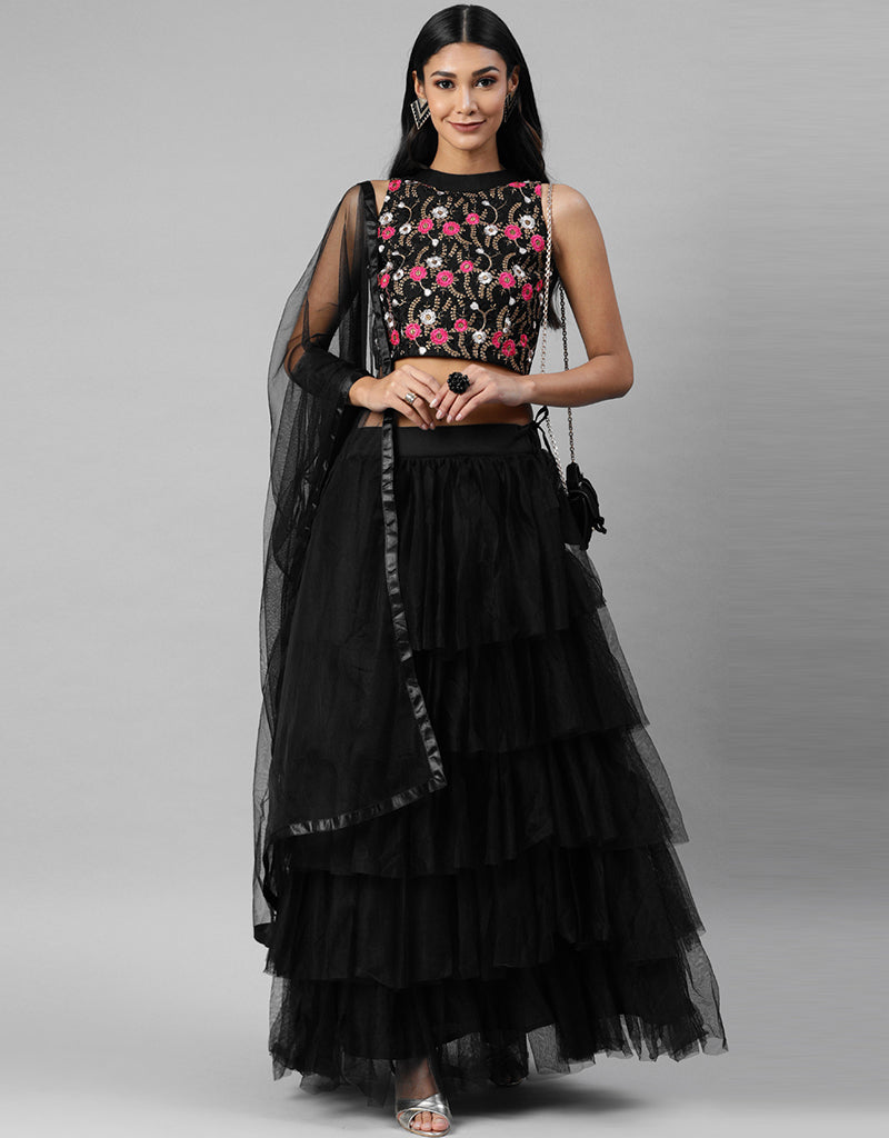 Elegant Black Art Silk Lehenga Choli for Women - Traditional Indian Bridal Wear for Weddings & Festivals