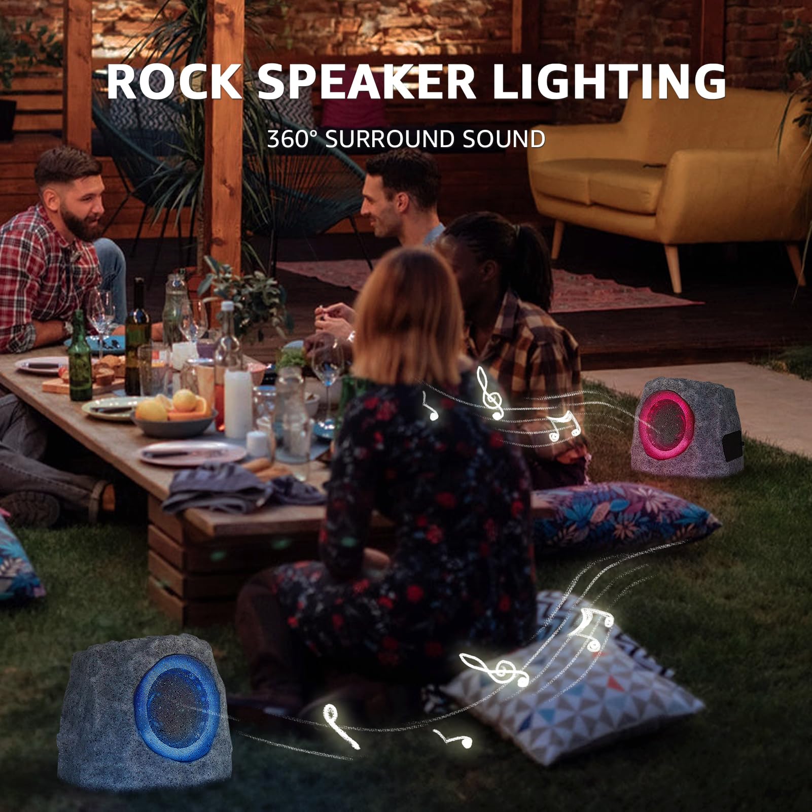 Outdoor Waterproof Bluetooth Rock Speakers - Solar Powered Wireless Pair with RGB Lights & USB Rechargeable Battery for Patio, Deck, Pool, Garden (2 Pack) | Perfect for Backyard Parties, Landscape Decor & Outdoor Entertainment