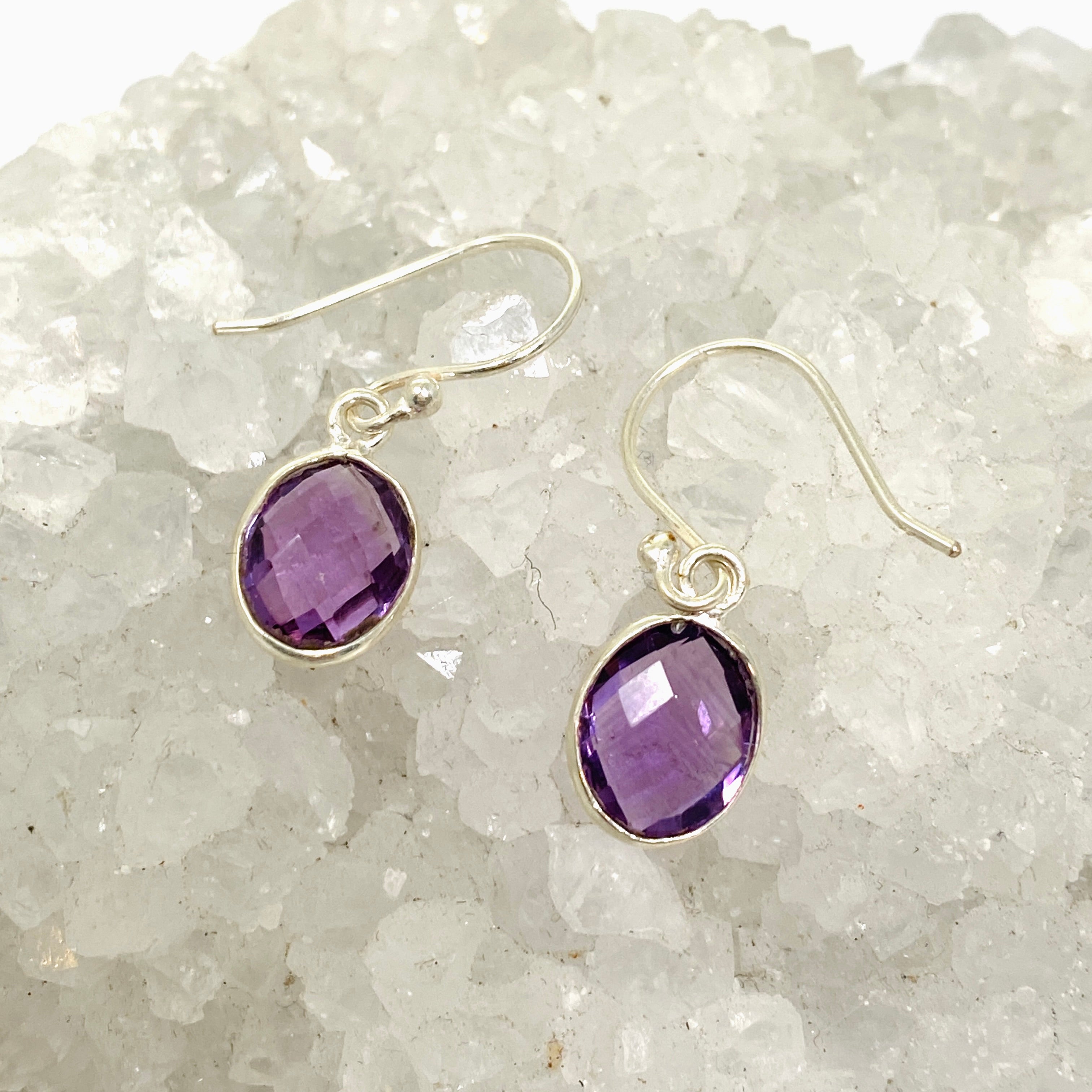 Amethyst Oval Checkerboard Faceted Earrings for Women - Elegant Purple Gemstone Jewelry - Perfect for Parties, Weddings & Special Occasions