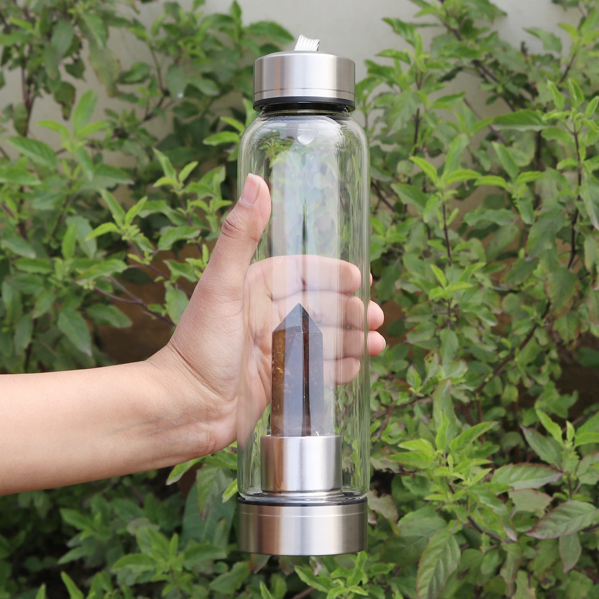 GEMHUB Crystal Glass Water Bottle with Natural Smoky Quartz Gemstone - Healing Crystal Point Wand for Energy, Reiki & Meditation - Perfect for Yoga, Office & Home Use