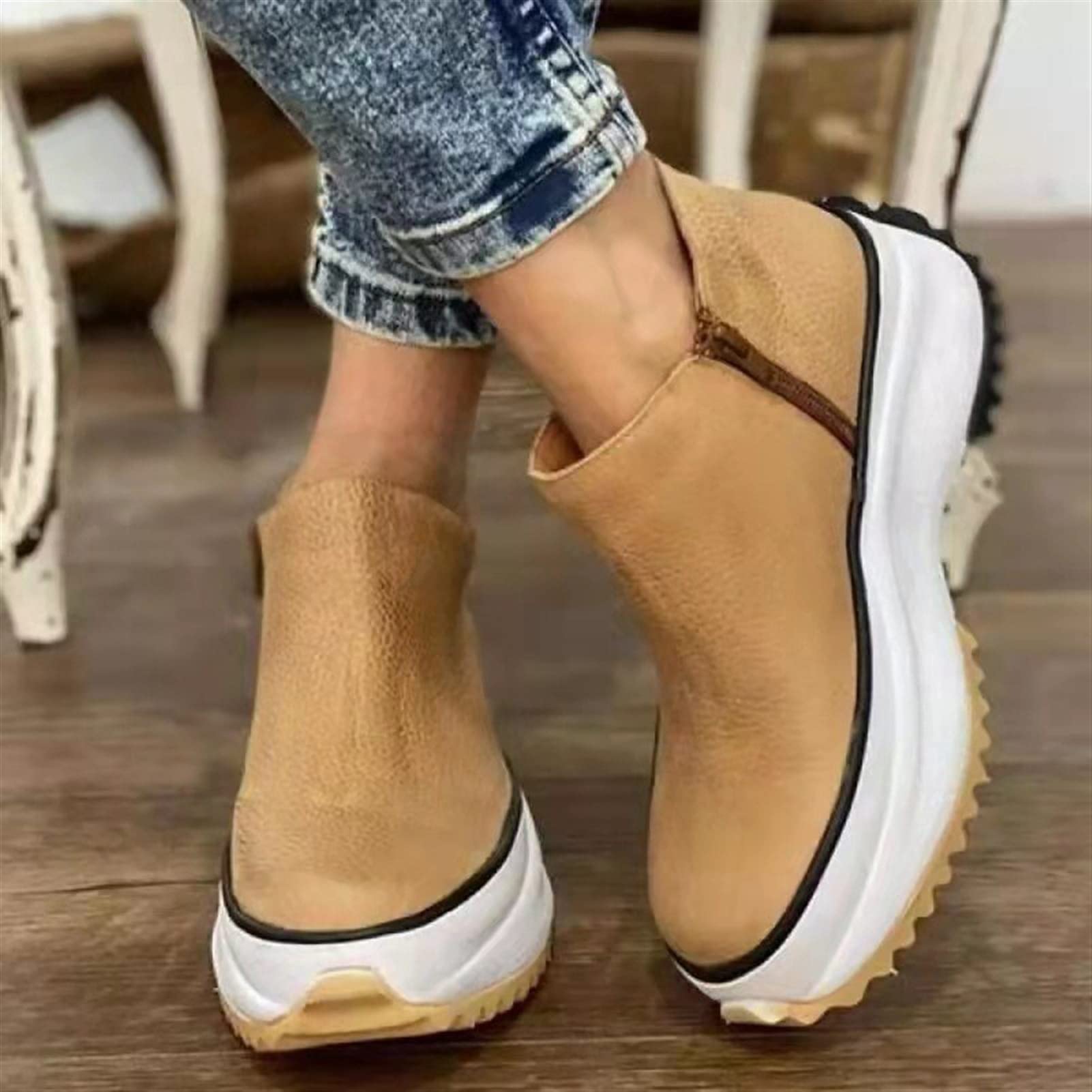 Women's Fashion Casual Short Boots - Low Top Flat Shoes with Thick Sole, Pull-On Design, Nude & Black Options | Perfect for Spring & Fall Outfits, Office Wear, and Daily Comfort (Size 7.5)