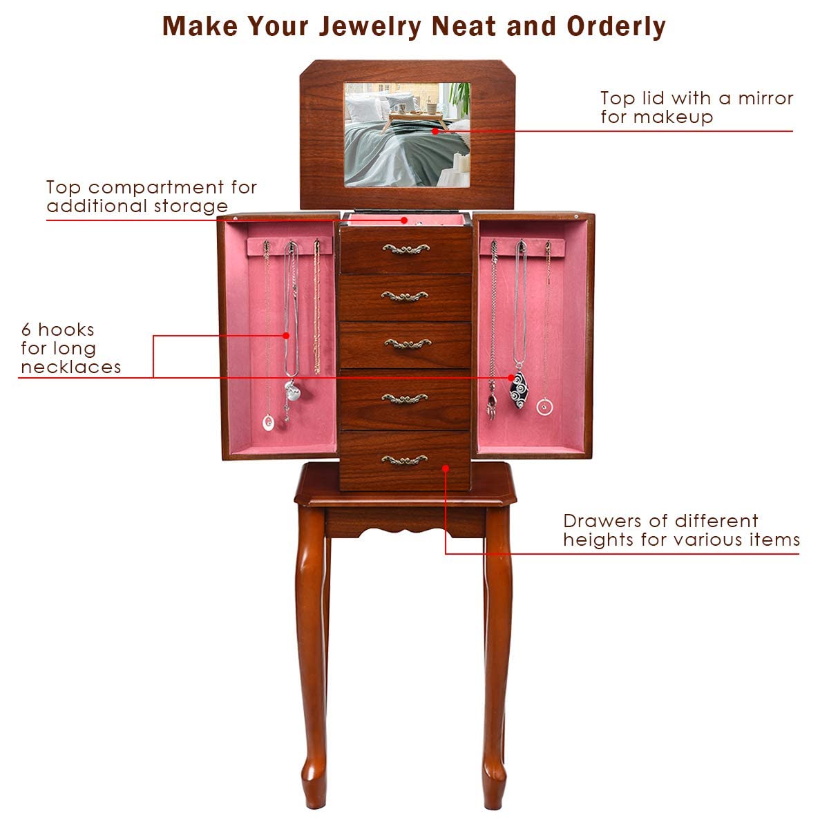 Wooden Jewelry Storage Chest with Flip Top Mirror - Standing Jewelry Armoire Cabinet with 4 Drawers, 2 Side Doors & 6 Necklace Hooks | Jewelry Organizer for Women | Perfect Gift for Her | Bedroom, Dressing Room & Closet Organization