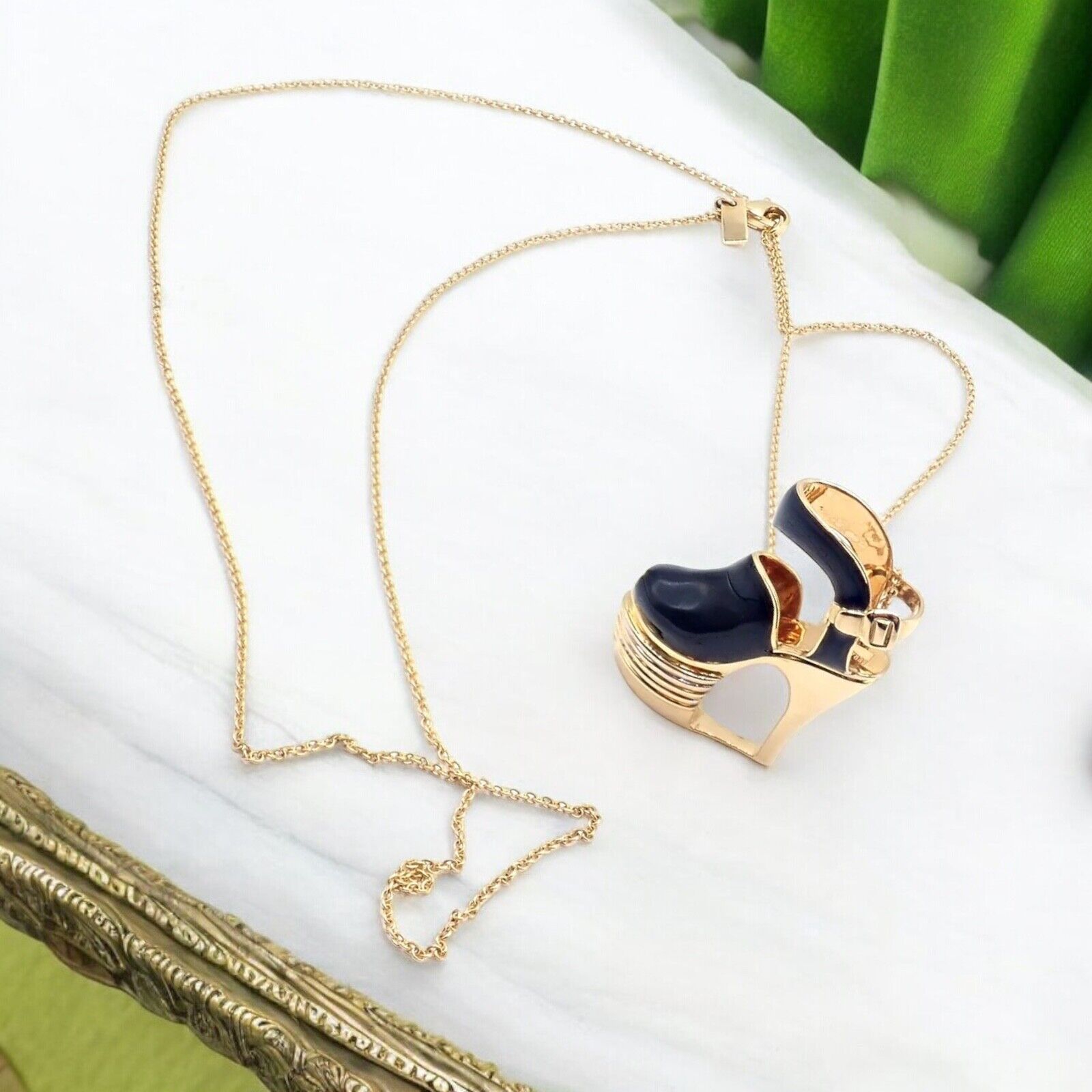 Authentic Salvatore Ferragamo 18K Yellow Gold Enamel Shoe Charm Pendant Necklace | Luxury Italian Jewelry for Women | Perfect Gift for Birthday, Anniversary & Special Occasions