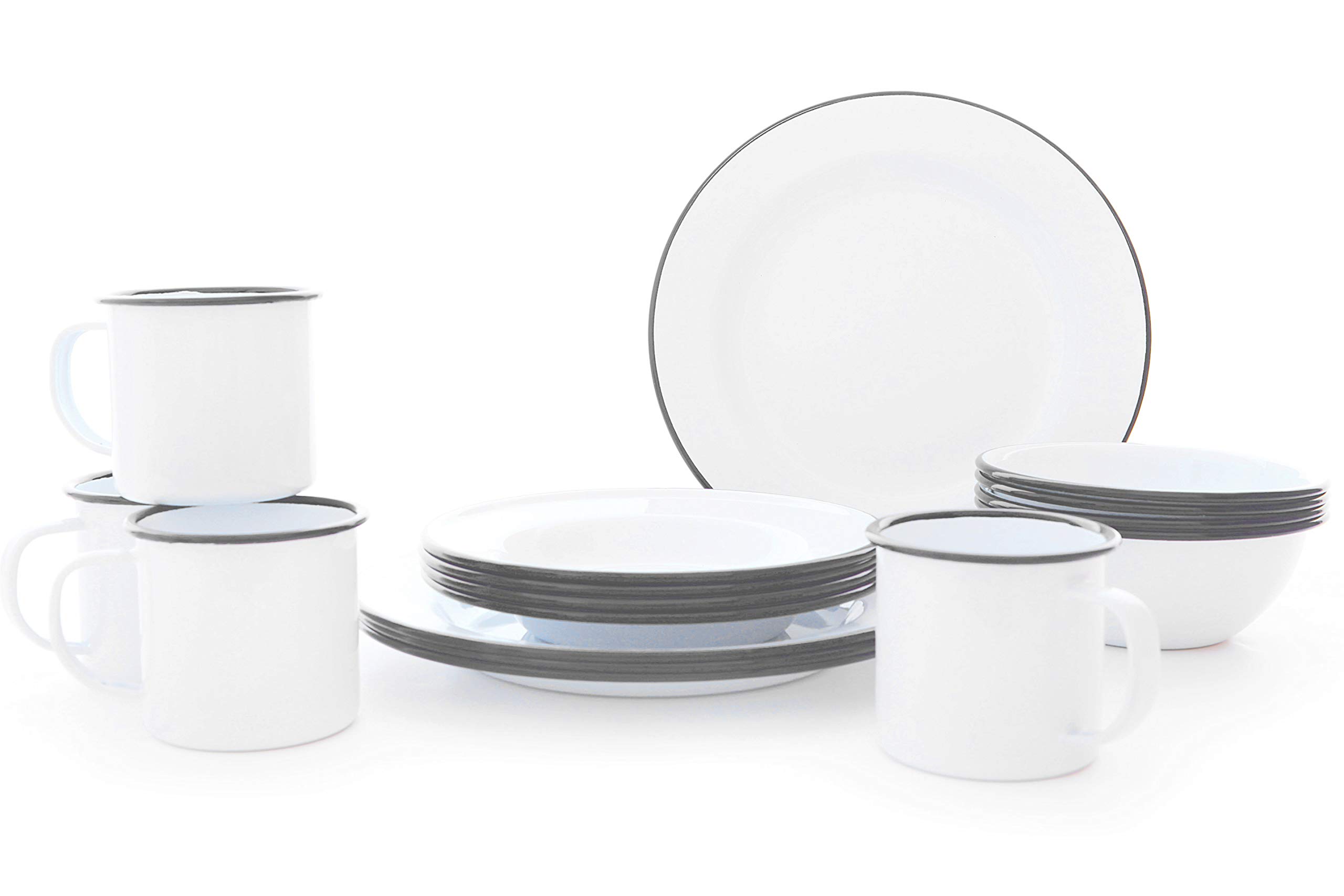 Vintage White & Grey Enamelware Starter Set - 16 Piece Kitchen Dinnerware Collection for Camping, Picnics & Rustic Home Decor