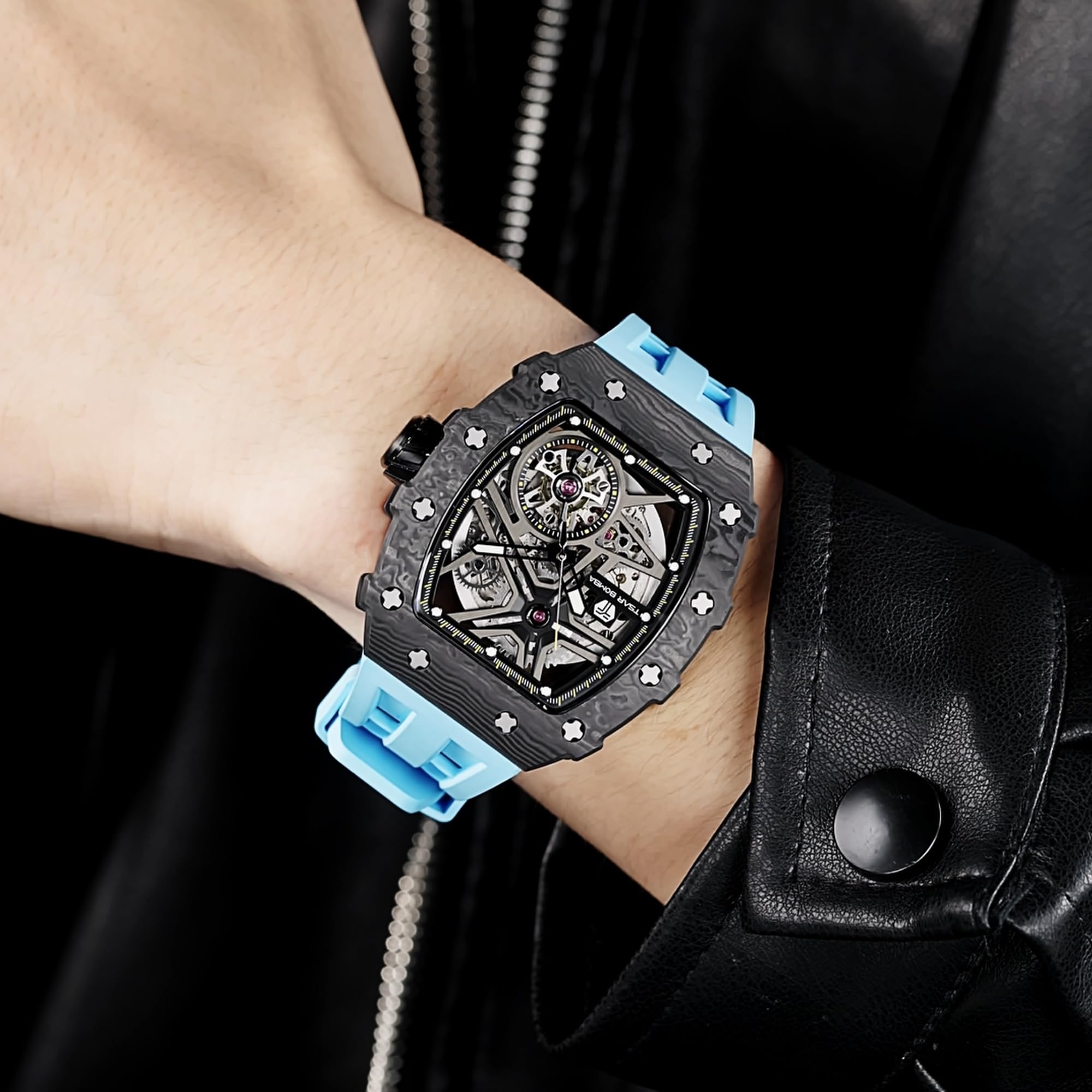 TSAR BOMBA Men's Luxury Automatic Skeleton Watch - Silver Square Big Face, 50M Waterproof, Silicone Strap - Perfect for Business, Casual & Formal Wear - Unique Analog Wristwatch for Men