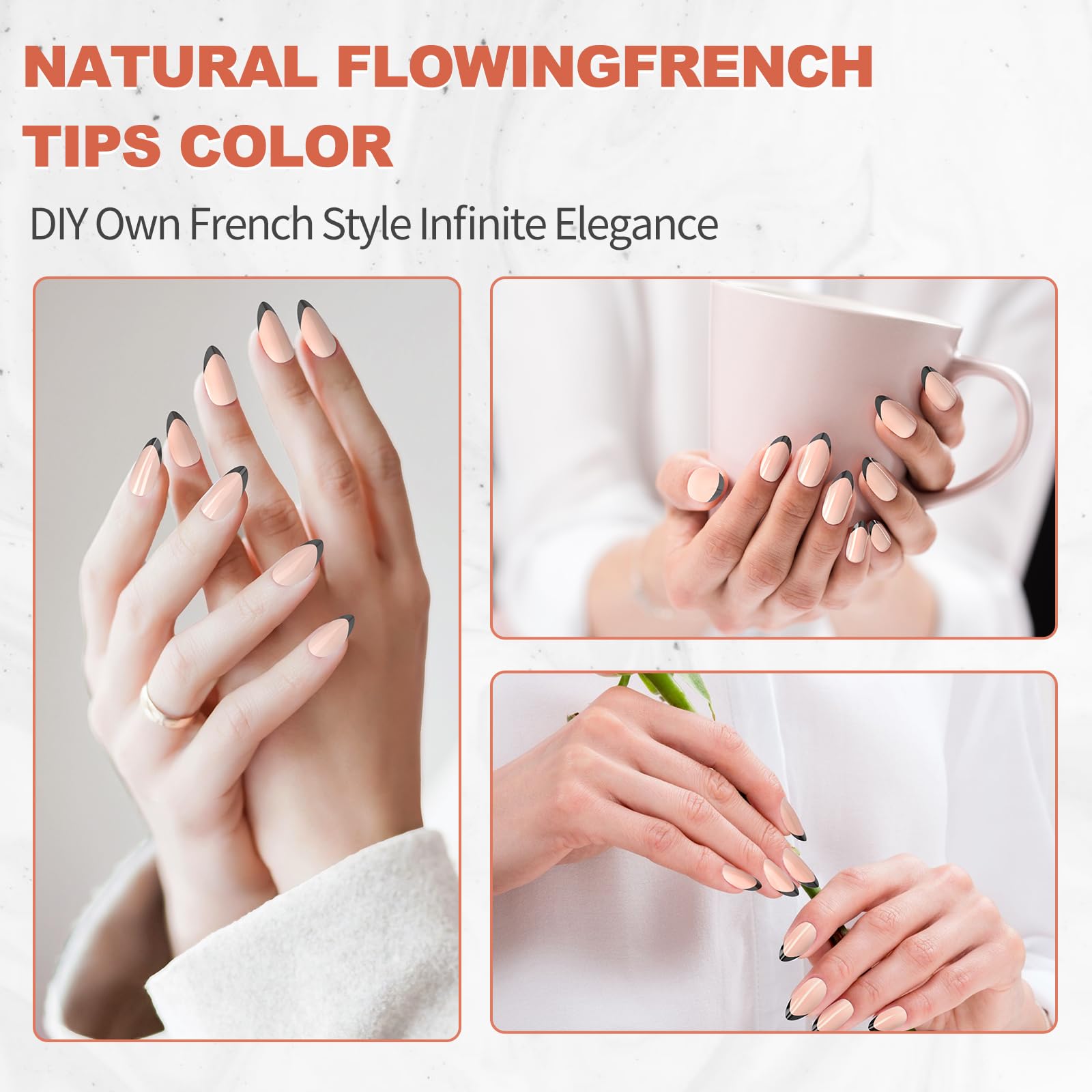 French Tip Press On Nails Almond Shape - Short Reusable Fake Nails Kit for Women (30 Pcs, Black French 120) - 15 Sizes, Natural Look, Easy Glue On - Perfect for Parties, Weddings & Everyday Wear