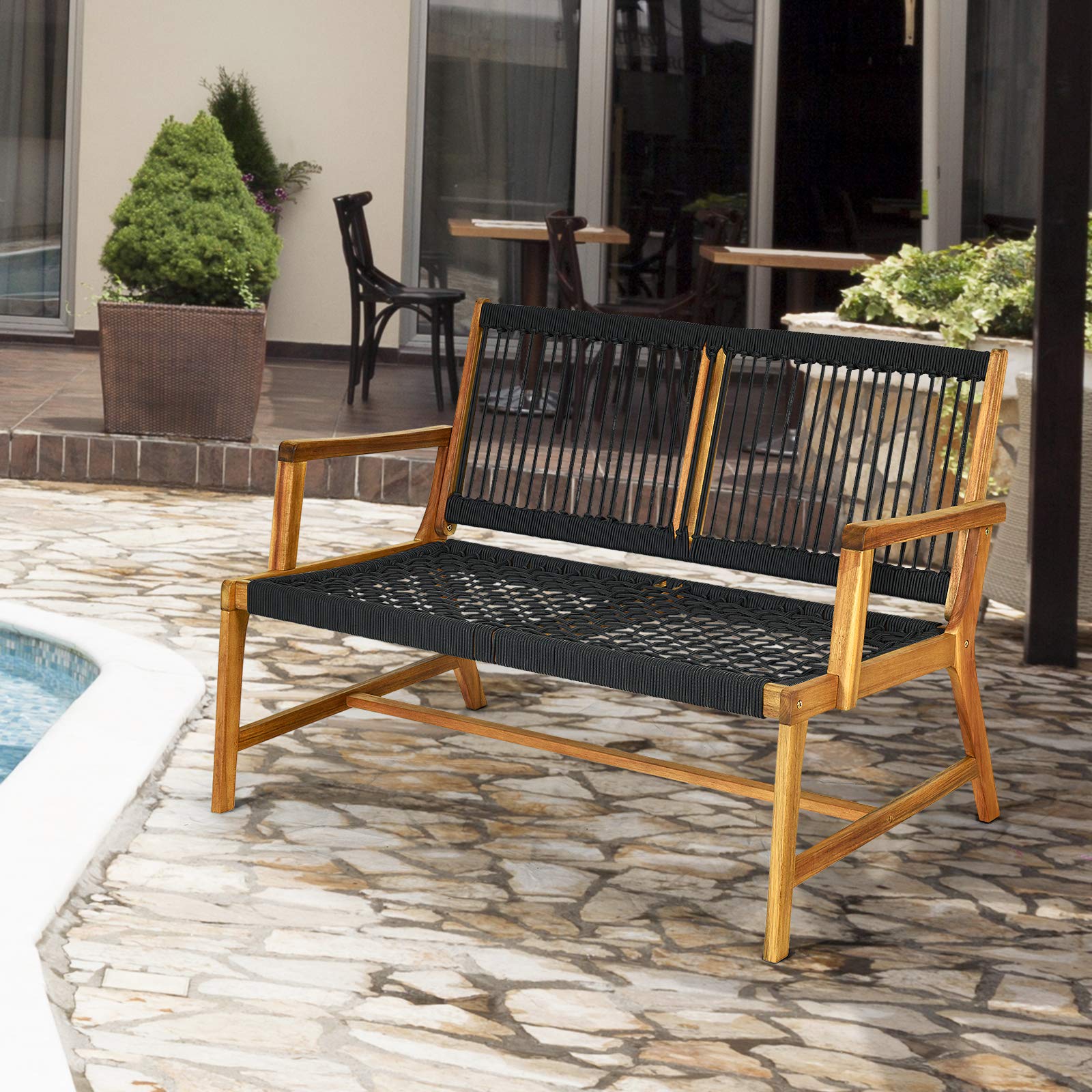 Tangkula 2-Person Acacia Wood Patio Loveseat Bench - Teak Oil Finish Outdoor Rope Chair for Balcony, Deck, Poolside & Porch - Perfect for Relaxing, Entertaining & Outdoor Dining (Black)