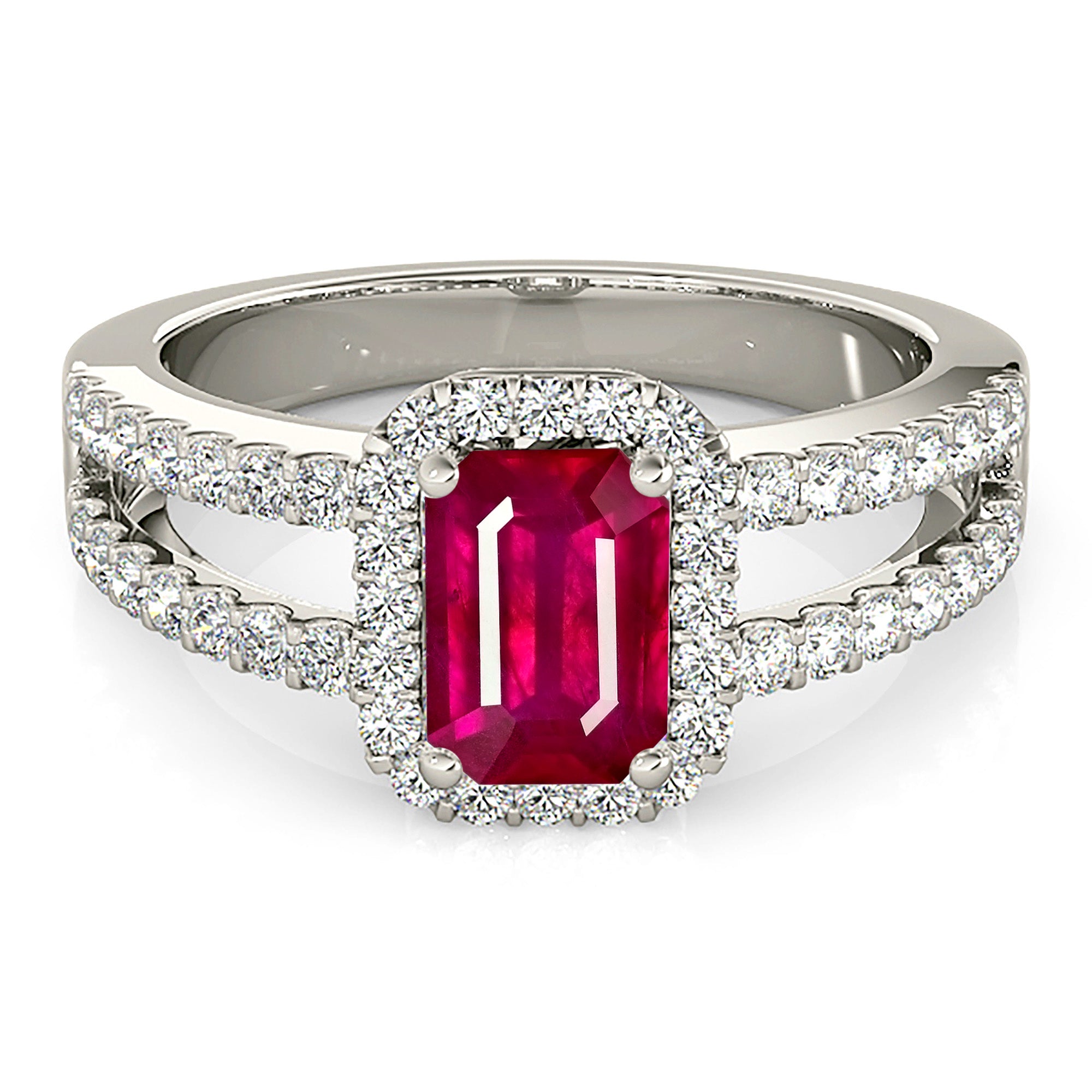 1.20 Carat Genuine Emerald Cut Ruby Ring with Halo & Split Diamond Shank – Elegant Engagement, Anniversary Gift for Women