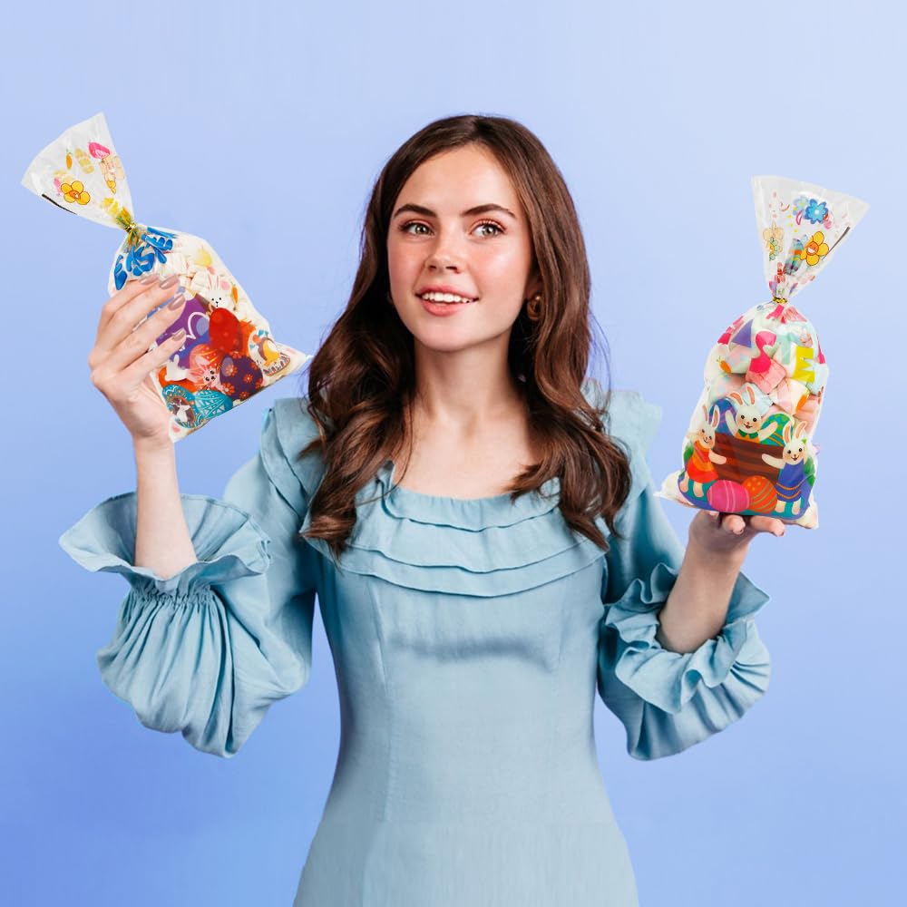 100-Pack Clear Easter Cellophane Treat Bags with Twist Ties - Easter Candy Bags, Easter Party Favors, Easter Gift Bags for Candy, Cookies & Small Gifts - Perfect for Easter Egg Hunts, Classroom Treats & Holiday Party Supplies
