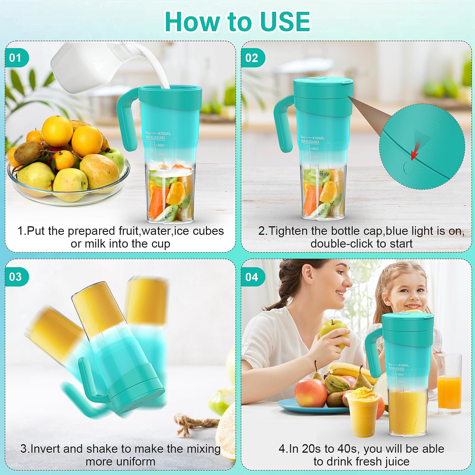 Portable USB Rechargeable Blender - 16oz (470ml) Mini Personal Blender with 6 Blades for Smoothies, Shakes & Baby Food | Travel, Kitchen & Gym Use | Green by HUIJUTCHEN
