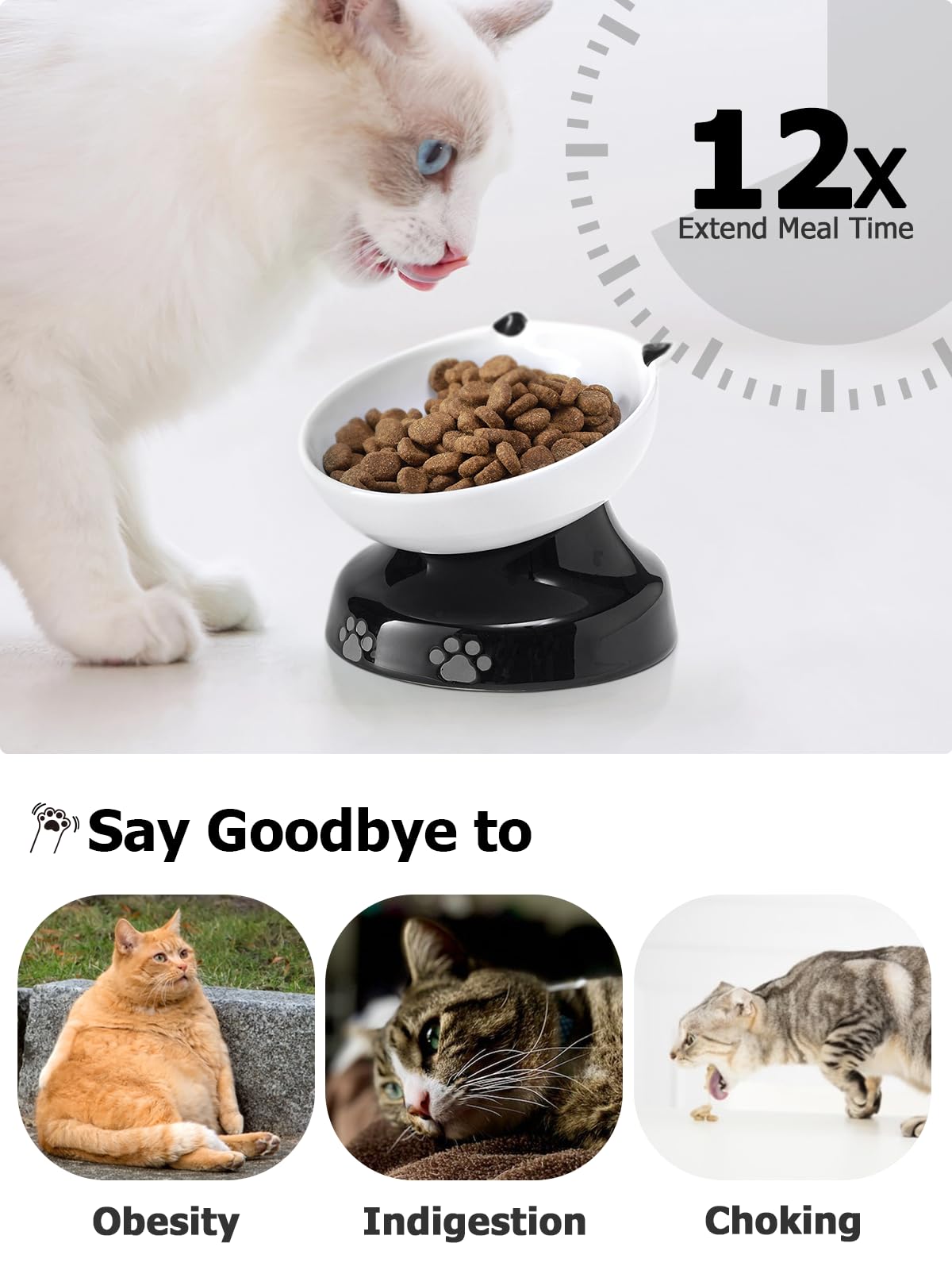 Y YHY Ceramic Cat Slow Feeder Bowl - Elevated Tilted Design for Dry & Wet Food - Prevents Black Chin in Cats & Dogs - Perfect for Portion Control & Digestive Health - Ideal for Kittens, Adult Cats & Small Dogs