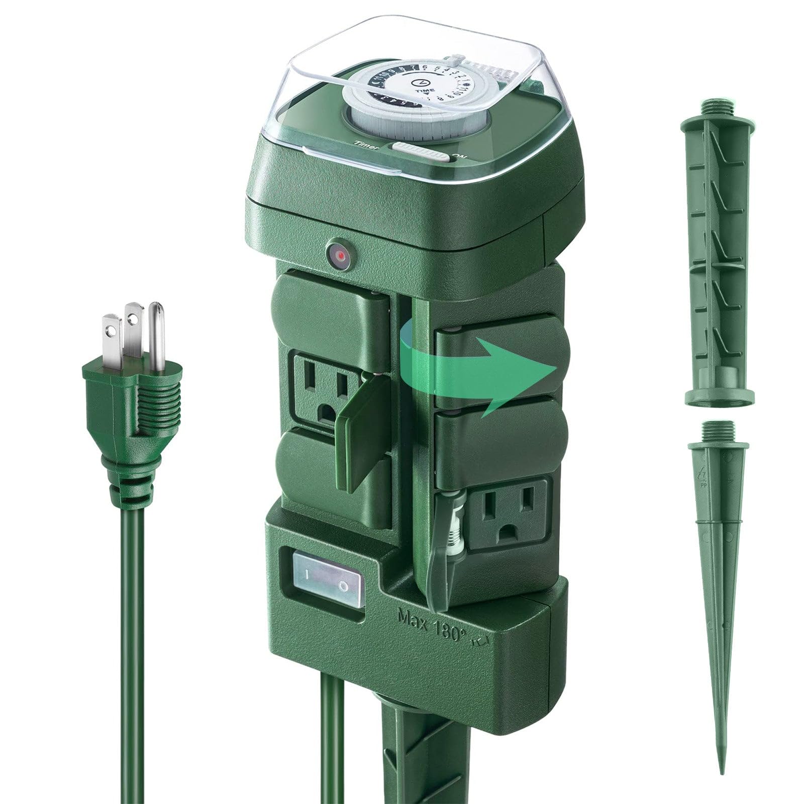 24 Hour Mechanical Outdoor Stake Timer - Waterproof, Heavy Duty, UL Listed with 6 Outlets (3 Rotatable 180°) & 6ft Extension Cord - Perfect for Outdoor Christmas Lights, Garden Lighting, and Holiday Decorations