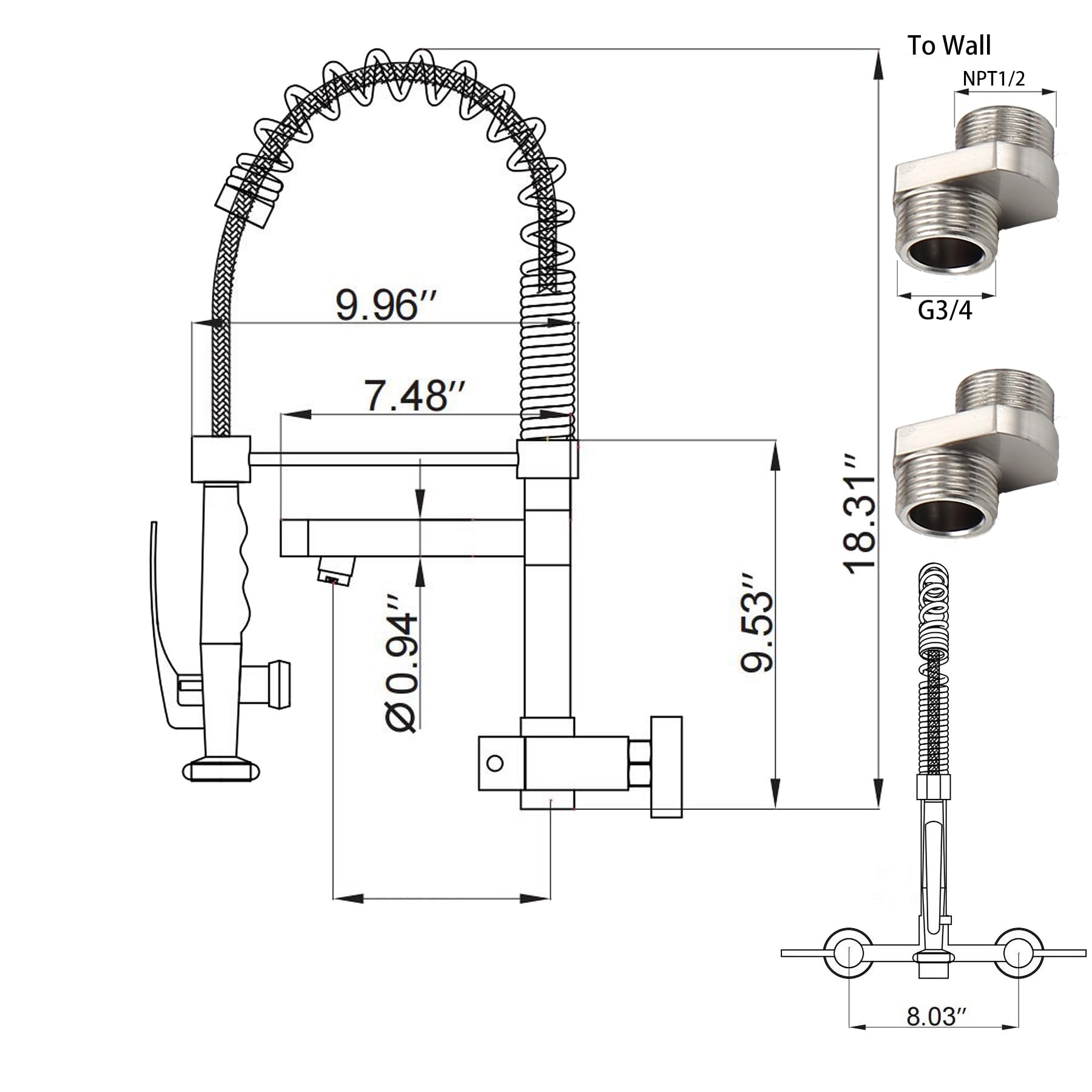 **8 Inch Wall Mount Kitchen Faucet with Pre-Rinse Sprayer & Pot Filler - High Arch Spring 2 Handle Commercial Faucet in Black - Perfect for Restaurants, Food Trucks & Home Kitchens**