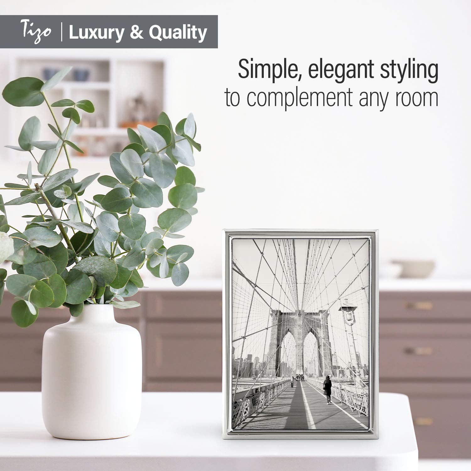 TIZO 5x7 Inch Sterling Silver Photo Frame - Premium Thin Plain Deco Picture Frame for Wall or Tabletop Display - Perfect for Weddings, Anniversaries & Home Decor (925 Silver)