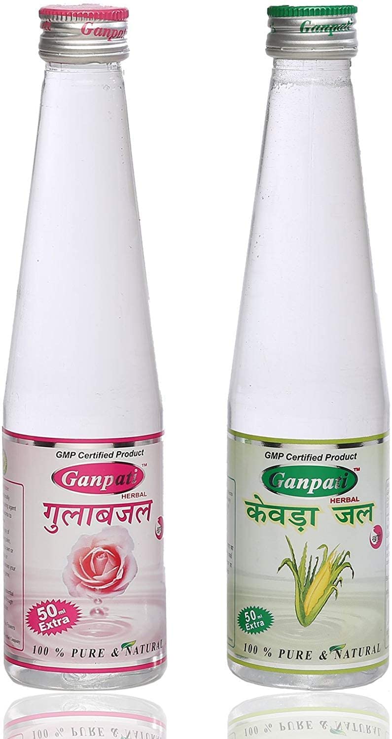 Ganpati Herbal Rose Water 250ml & Kewra Water 250ml - Natural Skin Toner & Hair Mist for Glowing Complexion & Fragrant Aroma, Perfect for Daily Skincare & Aromatherapy