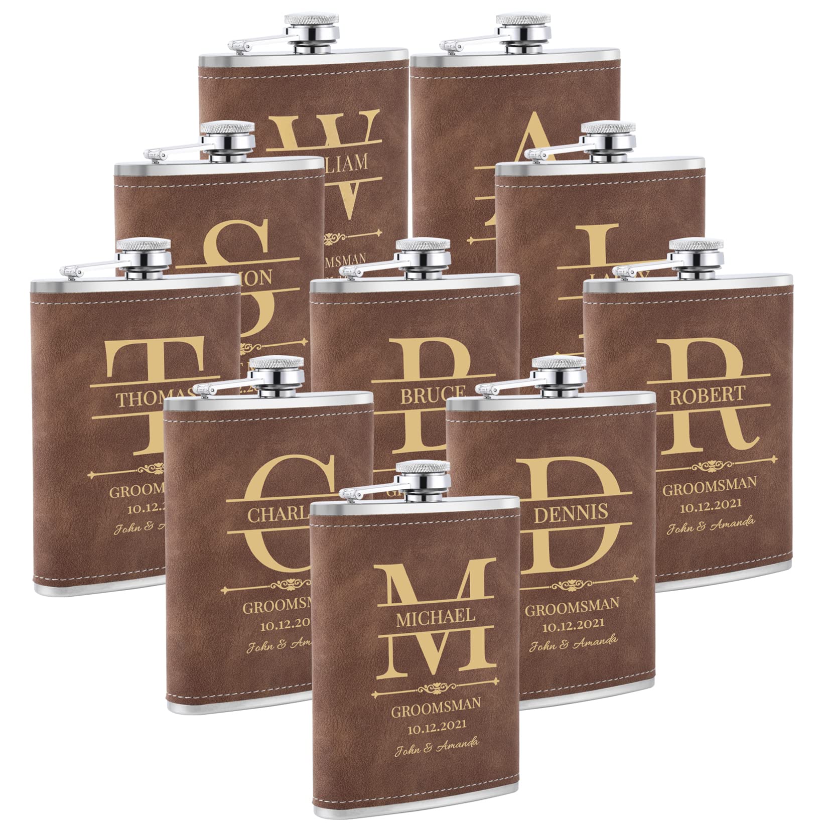 Personalized Stainless Steel Hip Flask Set of 10 - Custom Engraved 304 Steel Wedding Flasks for Groomsmen, Best Man & Father of Bride - Perfect Groomsmen Gift for Weddings, Bachelor Parties & Special Occasions
