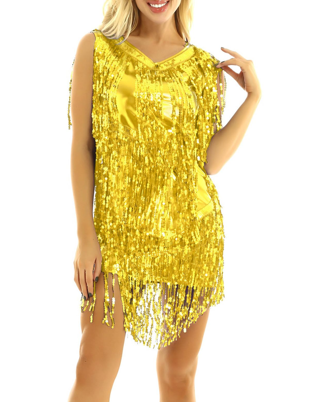 Sparkly Sequin Ballroom Dance Dress for Women - Sexy V-Neck Latin Tassel Bodycon Dress for Salsa, Tango & Performance | Perfect for Parties, Competitions & Evening Events