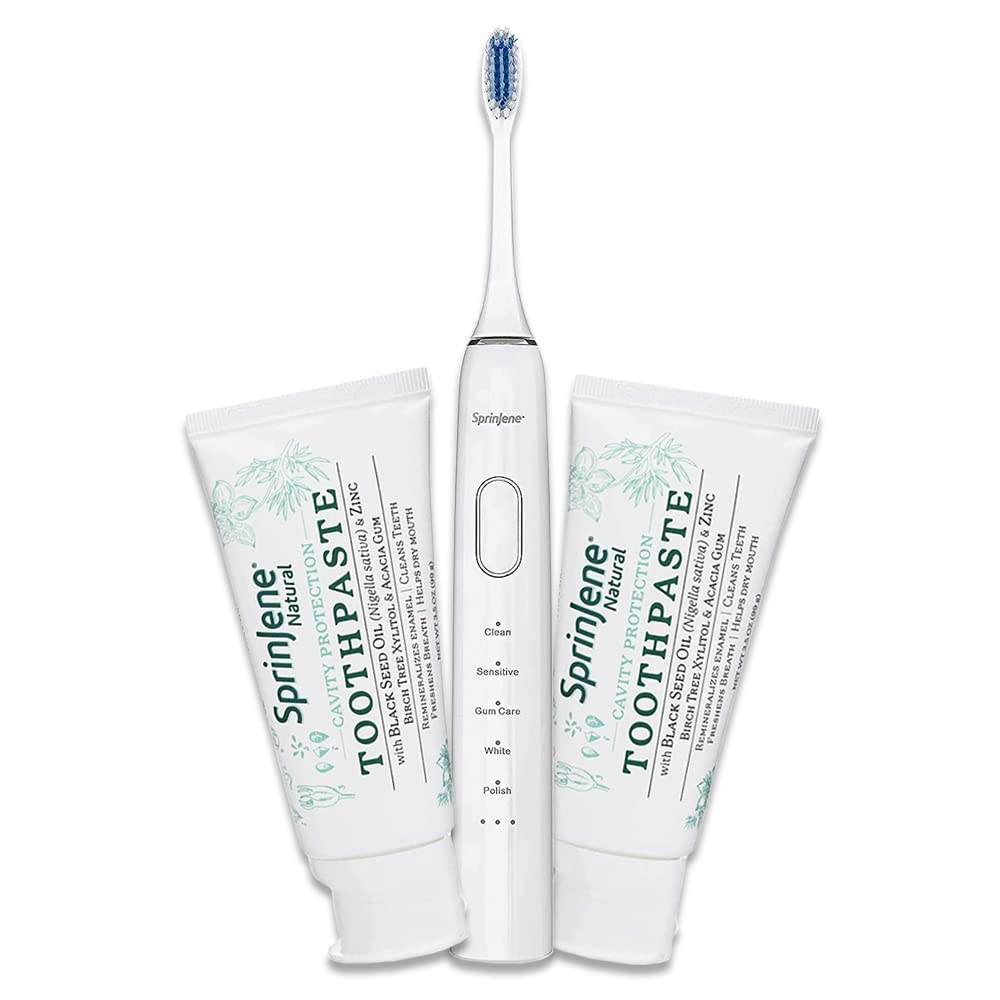 SprinJene Natural Fluoride Toothpaste for Healthy Teeth & Gums (2 Pack) + Electric Toothbrush with Wireless Charger & 2 Replacement Heads - Perfect for Travel, Home & Daily Oral Care Routine