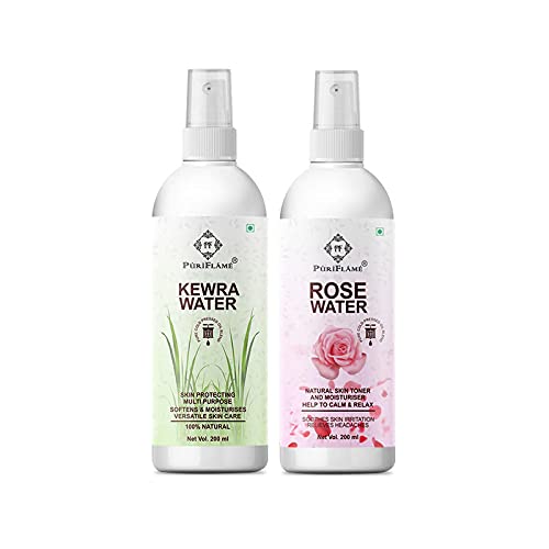 **PuriFlame 100% Pure Kewra Water & Rose Water Combo Pack (2 x 200ml) – Deep Pore Cleanser, Acne Treatment, Skin Revitalizer – For Glowing Skin, Blackhead Prevention & Daily Skincare Routine**    *(Perfect for DIY facials, toning, and refreshing tired skin – ideal for home spa days or post-workout skincare!)*
