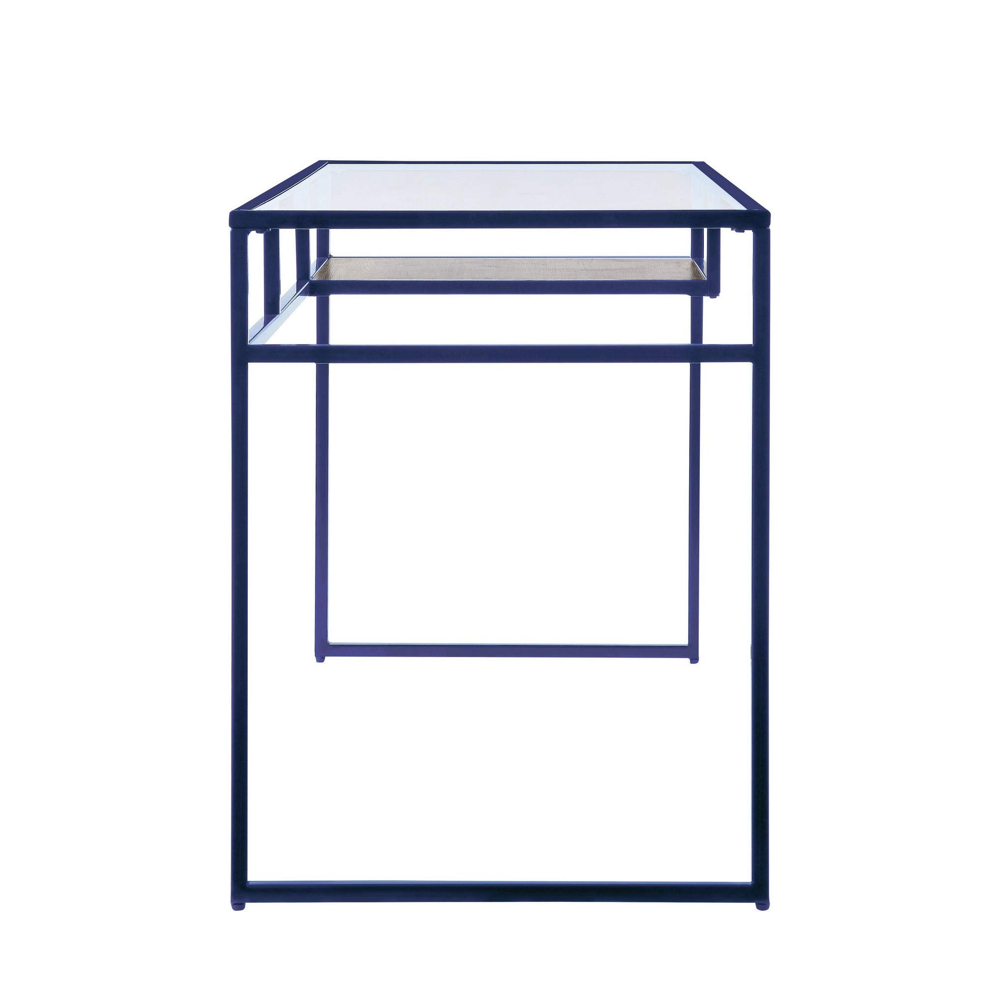 Benjara Modern Rectangular Glass Top Desk with Open Storage Compartment & Sturdy Sled Base - Blue Home Office Desk for Small Spaces & Contemporary Workspaces