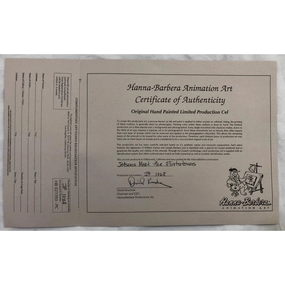 Original Flintstones Hand-Painted Hanna-Barbera Animation Cel - Dual Signed & Framed with JSA COA - Perfect for Collectors, Animation Fans & Home Decor