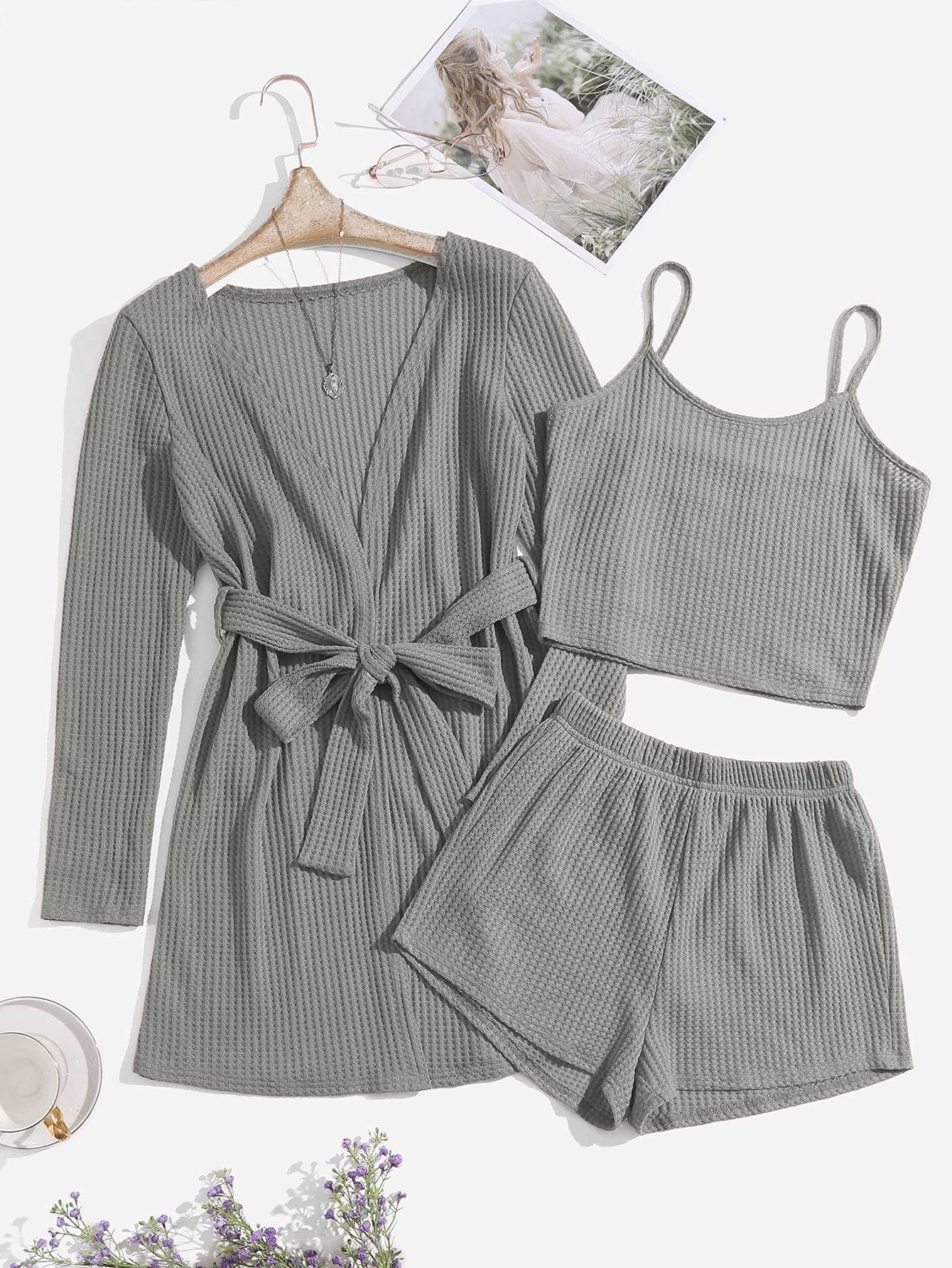 Milumia Women's 3-Piece Waffle Knit Pajama Set with Robe, Cami Top & Shorts - Soft Sleepwear & Loungewear for Relaxing at Home or Vacation