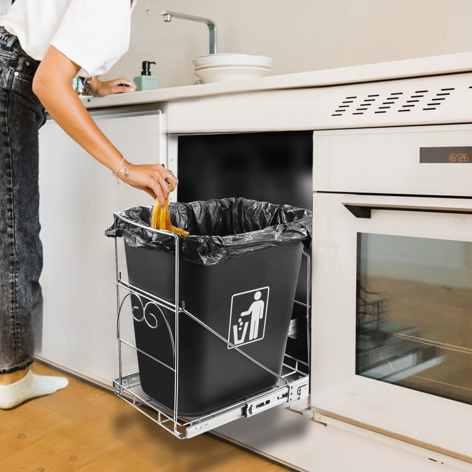 Ormeli Pull Out Trash Can Under Cabinet - Adjustable Slide-Out Garbage Shelf for Kitchen, Roll-Out Waste Bin Rack Under Sink/Pantry (Trash Can Not Included) | Perfect for Small Kitchens & Space Saving Storage Solutions
