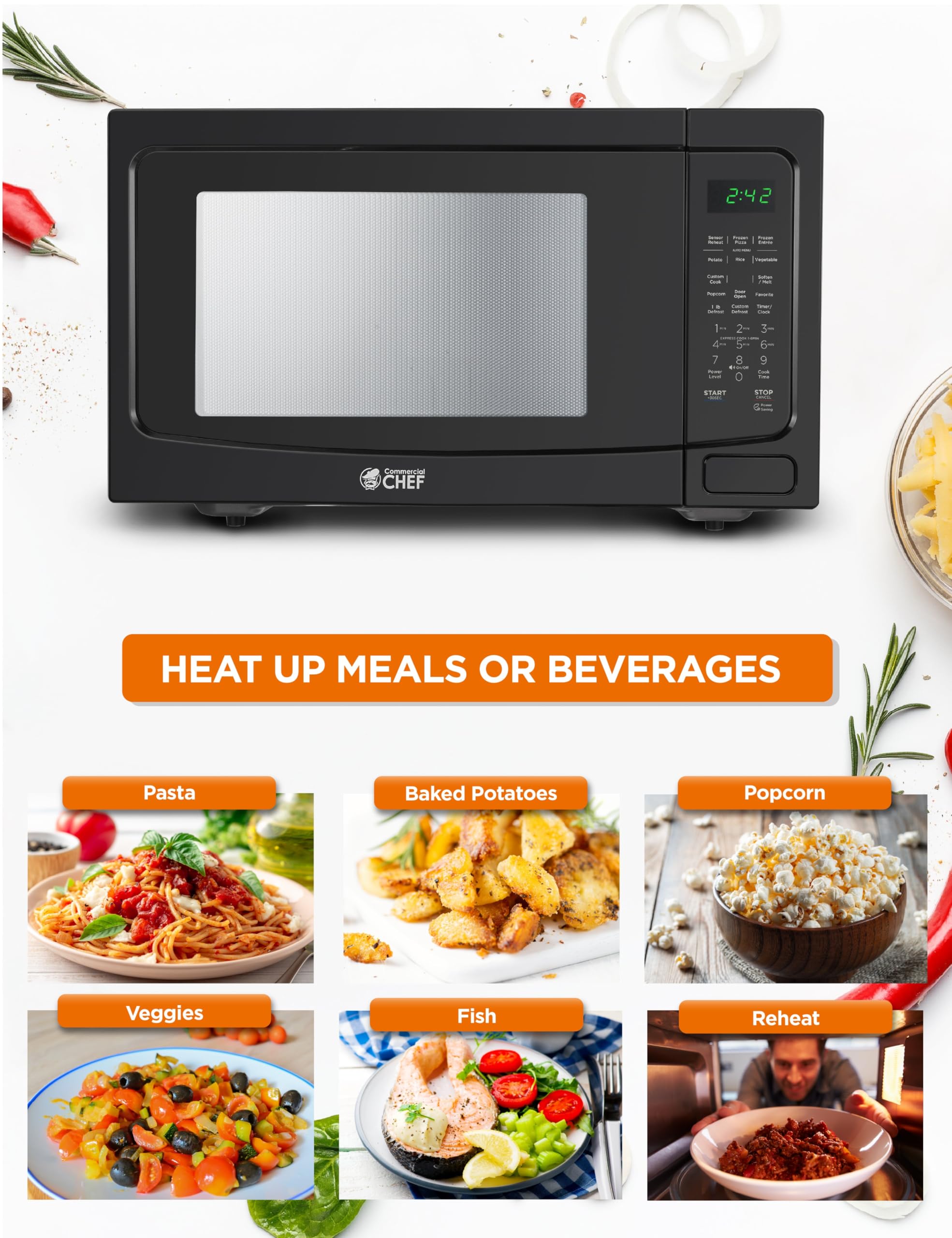 Commercial Chef 1.6 Cu Ft Countertop Microwave Oven - 1100W with 10 Power Levels, Digital Controls & Child Safety Lock - Perfect for Small Kitchens, Dorms & Offices - Black