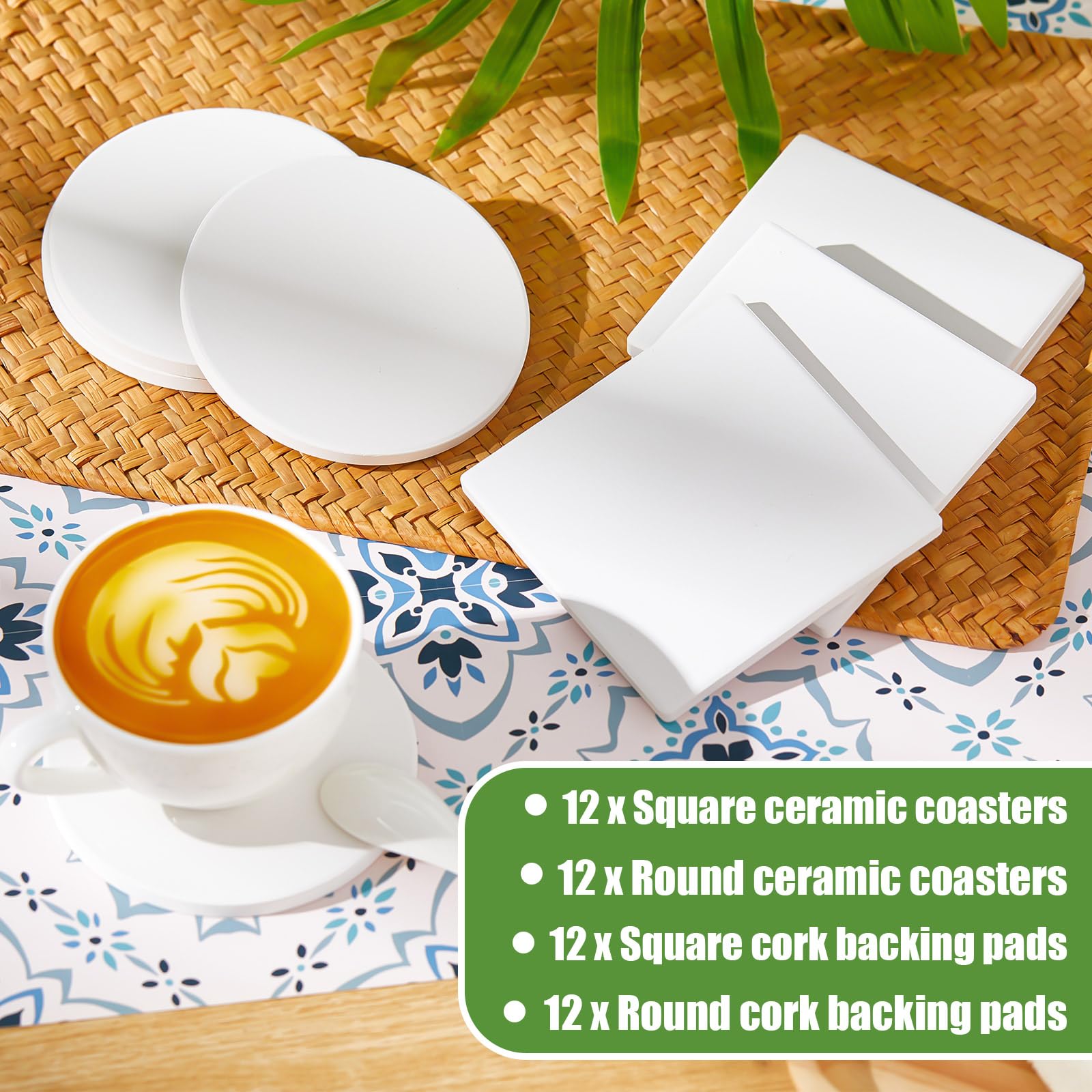 48 Pcs White Unglazed Ceramic Coasters with Cork Backing - Square & Round DIY Craft Tiles for Painting, Home Decor, Wedding Favors & Gift Making - Perfect for DIY Projects, Art Classes & Personalized Gifts