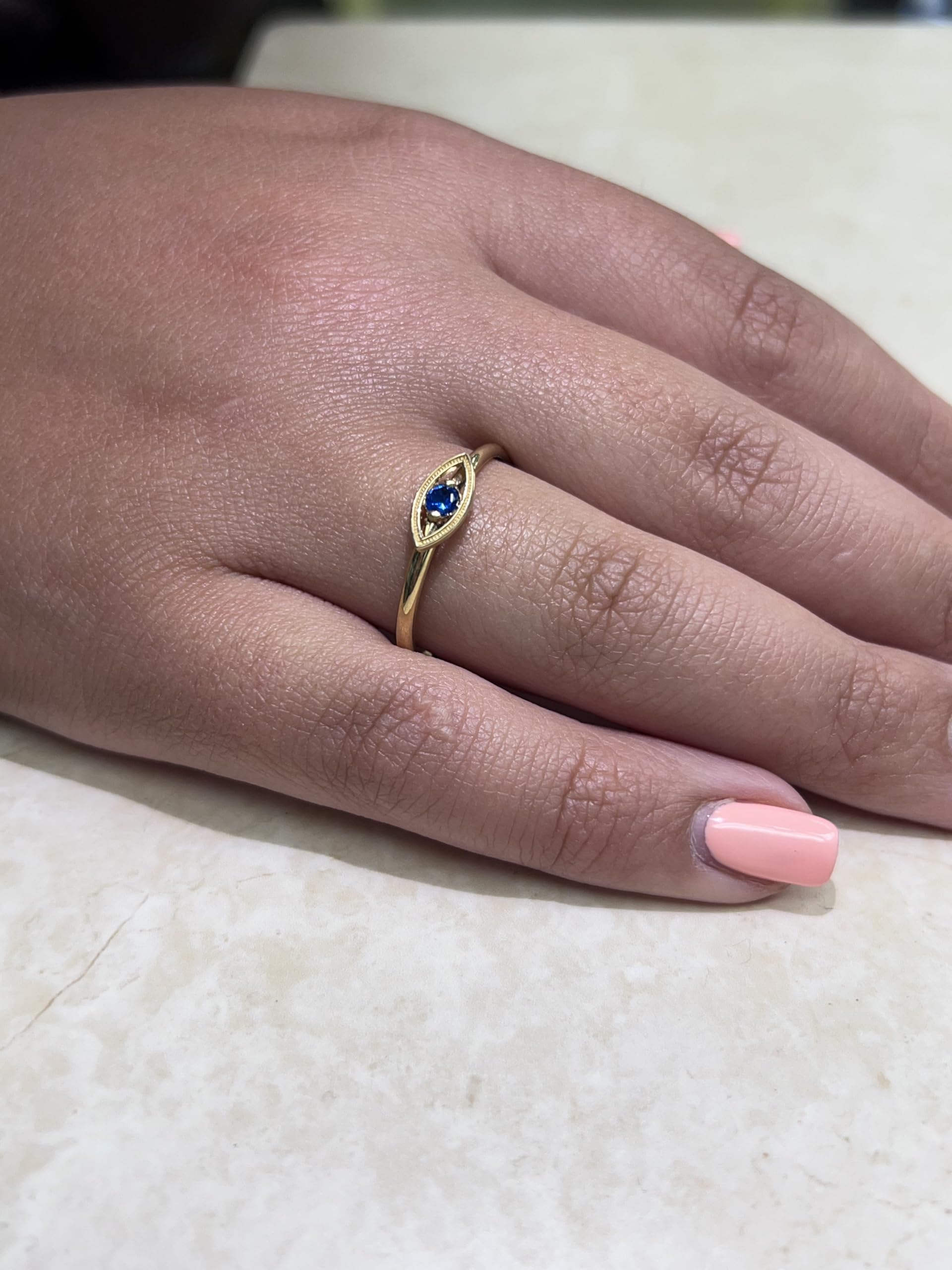 10K Solid Gold Evil Eye Ring with Round Cubic Zirconia - Rose/White/Yellow Gold Stackable Eternity Band with Blue Birthstone - Handmade USA Jewelry Gift for Women - Perfect for Protection, Spiritual Gifts & Everyday Wear