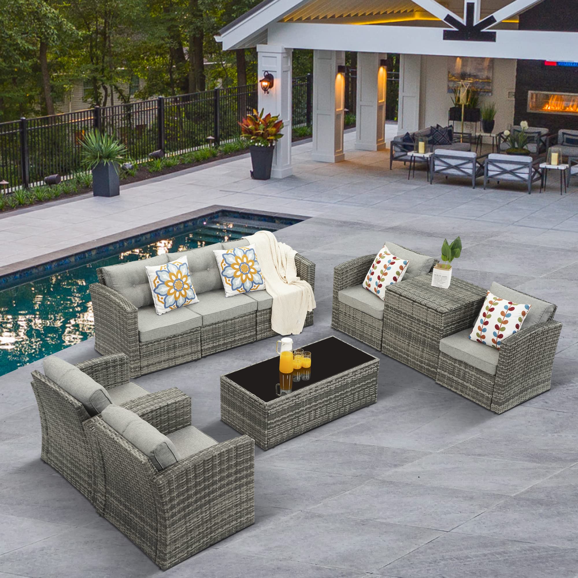 9-Piece Outdoor Patio Furniture Set - Aluminum Wicker Rattan Sectional Sofa with Storage Table, Glass Coffee Table & Armchairs (Grey) - Perfect for Backyard, Garden, Poolside & Outdoor Entertaining