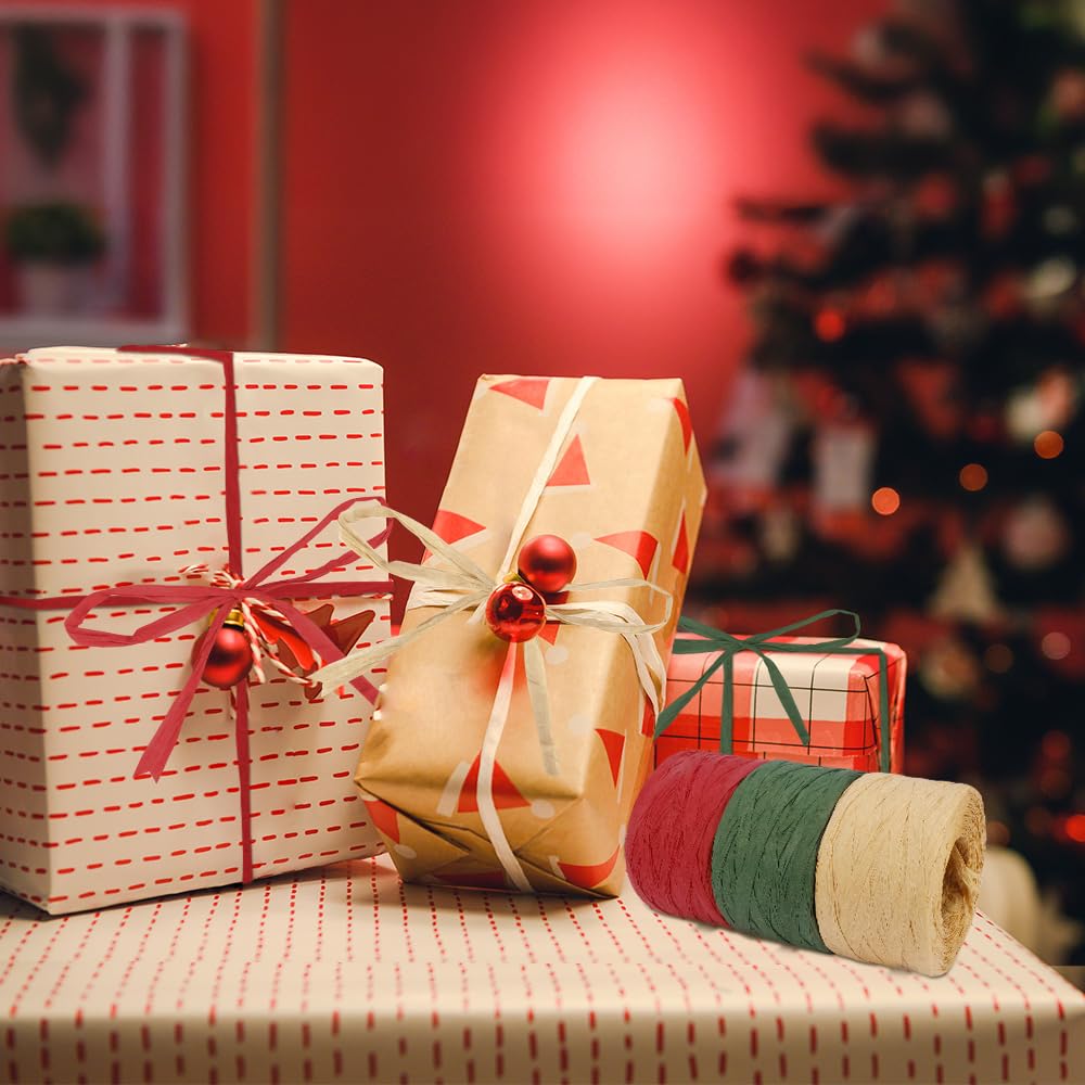 3 Roll Christmas Ribbon for Gift Wrapping - 50 Yards Each, Red Green Kraft Paper Raffia Ribbon for Holiday Decorations, Christmas Tree Trimming & Present Packaging - Perfect for DIY Crafts, Party Favors & Festive Home Decor