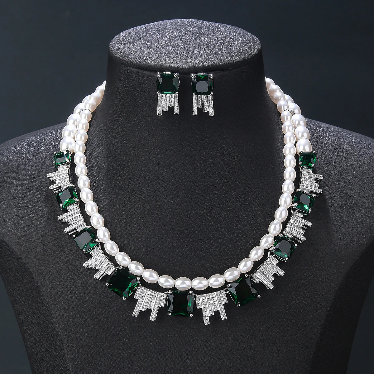 Luxury Cubic Zirconia Pearl Two Layer Necklace and Earrings Set for Women - Elegant Wedding Bridal Jewelry, Perfect for Bridesmaid Gifts & Special Occasions | CN10806A