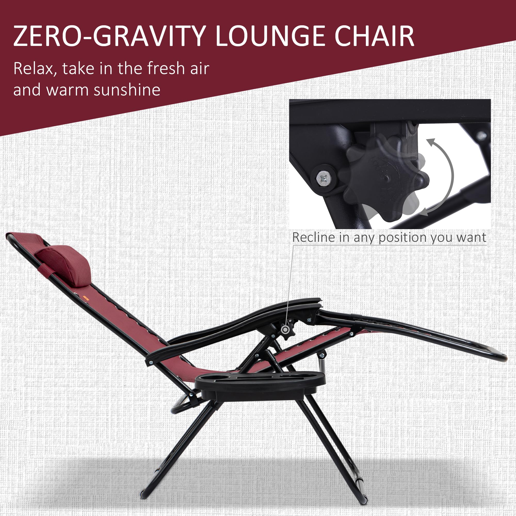 Outsunny Zero Gravity Lounge Chair Set with Side Table - Adjustable Folding Recliner with Cup Holders & Head Pillow - Patio, Backyard, Poolside, Beach Relaxation - Perfect for Sunbathing, Camping & Outdoor Lounging (Wine Red)