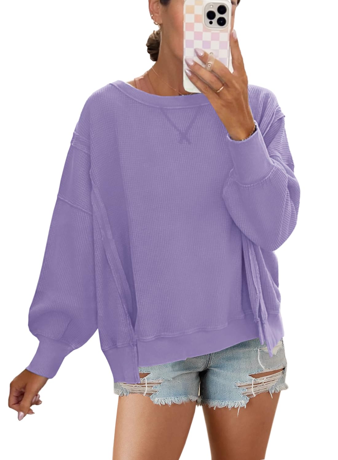 Panadila Women's Oversized Waffle Knit Sweatshirt - Long Sleeve Crewneck Pullover Top with Side Slits | Casual Loungewear, Streetwear & Winter Layering Essential