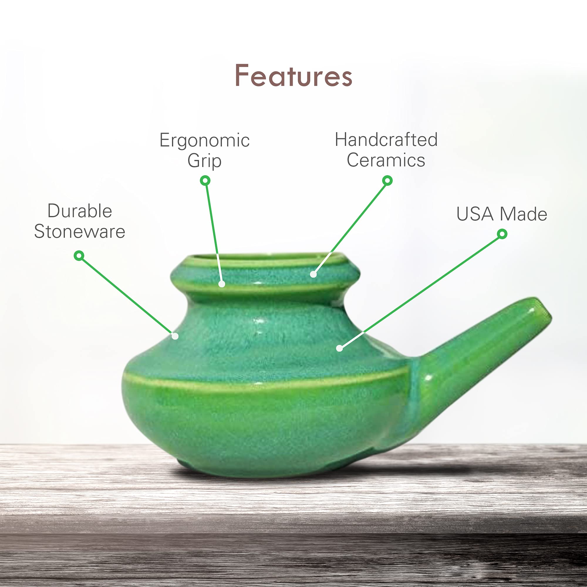 Baraka Handcrafted Ceramic Neti Pot - Sinus Relief & Nasal Cleansing Kit - Dishwasher Safe, Food Grade Glaze - Lightweight 10oz Neti Pot for Home Use - Made in USA (Apple) - Perfect for Allergy Relief, Cold & Flu Season, Yoga & Meditation Practice