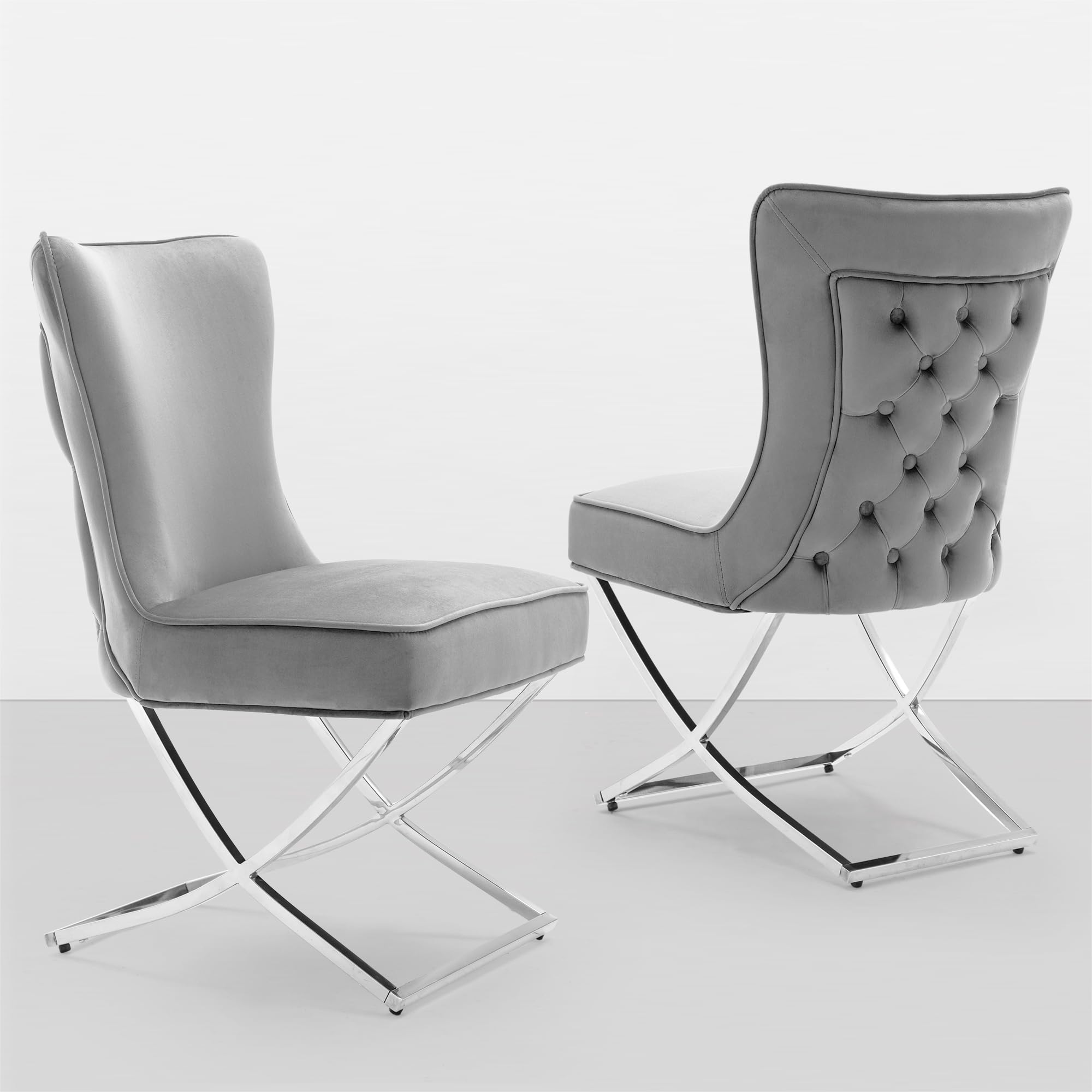 Luxury Velvet Dining Chairs Set of 2 - Tufted Upholstered Accent Chairs with Stainless Steel Legs for Dining Room, Living Room, Bedroom - Elegant Grey Velvet Seating for Home Decor