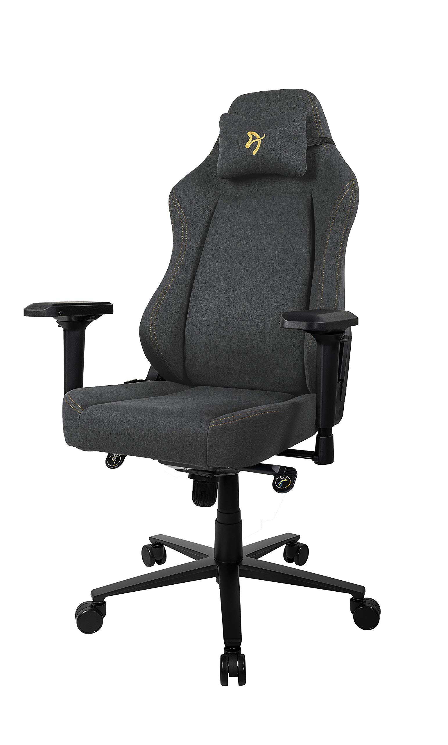 Arozzi Primo Premium Woven Fabric Gaming Chair - Ergonomic High Back Office Chair with 4D Adjustable Armrests, Recliner, Swivel & Tilt Function, Built-in Lumbar Support & Neck Pillow - Dark Grey with Gold Accent - Perfect for Gaming, Working & Home Office Setup