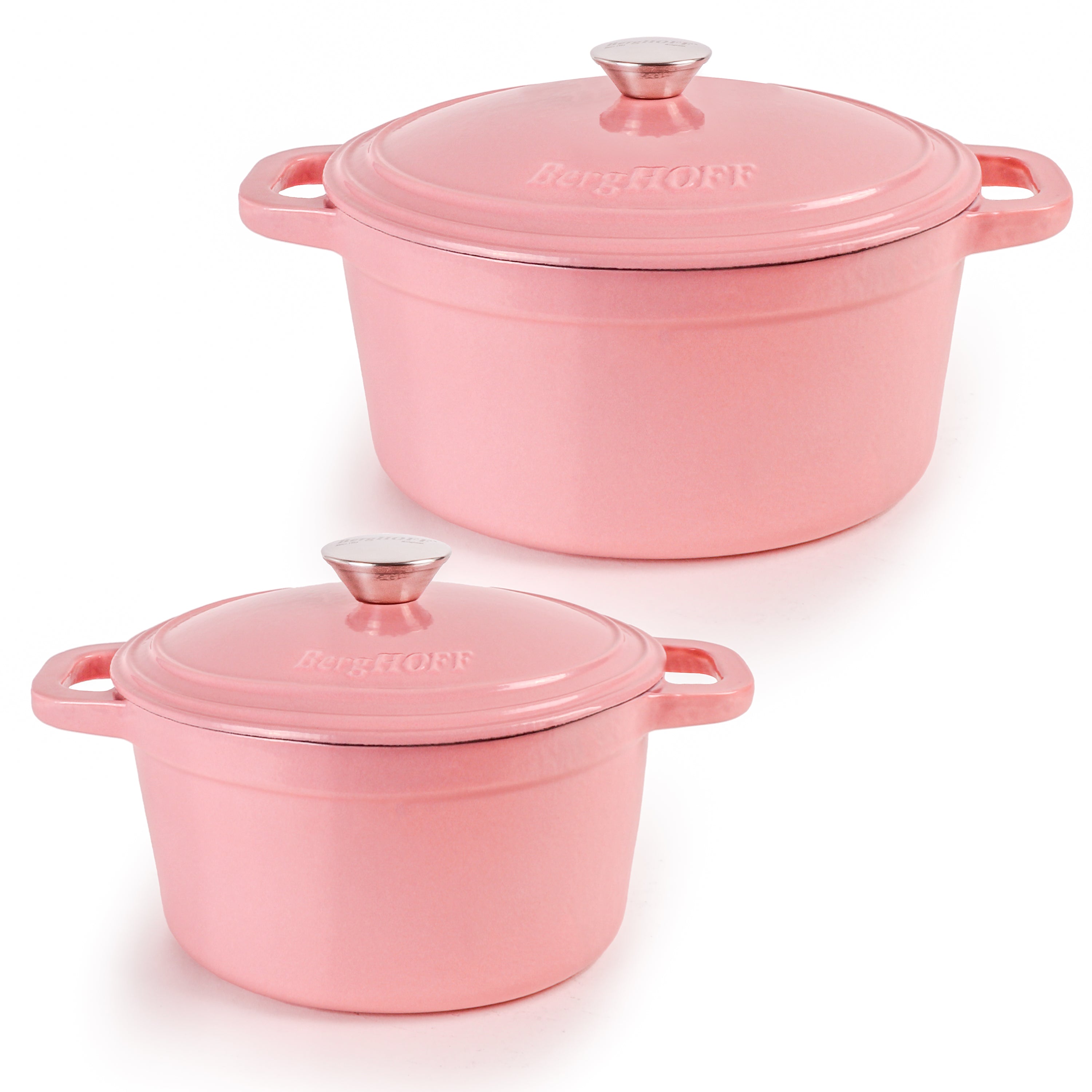 BergHOFF Neo 4-Piece Cast Iron Cookware Set - 3 Quart & 7 Quart Dutch Oven with Lid, Pink Enameled Cookware for Stovetop, Oven & Serving - Perfect for Braising, Stewing & Family Meals