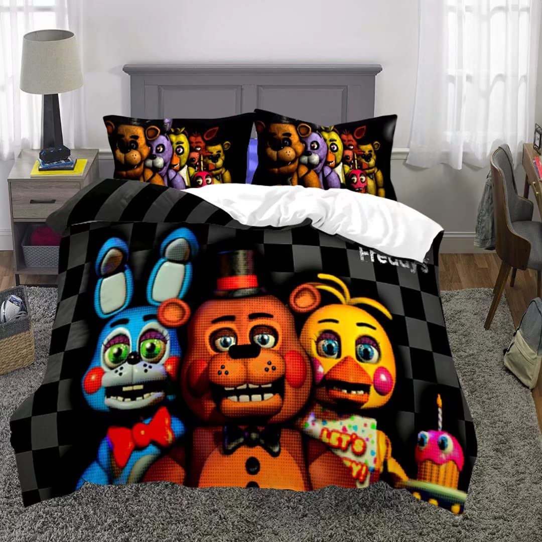 FNAF Adventure Game Themed Duvet Cover Set - Gray & Black Cartoon Five Nights Bedding for Boys, Girls & Teens - Queen Size (No Comforter Included) - Perfect for Gaming Rooms, Sleepovers & Themed Bedrooms