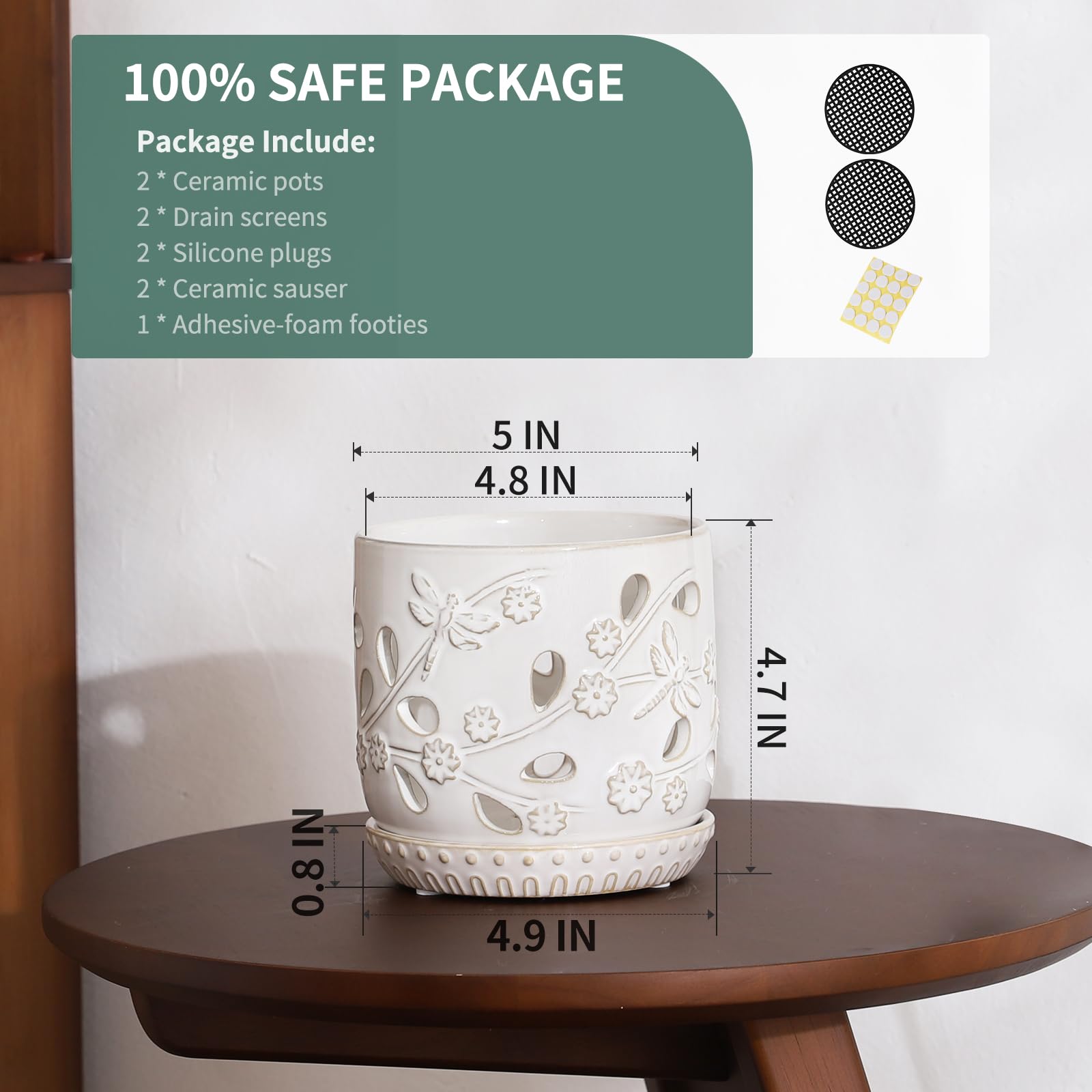 Premium 5 Inch Ceramic Orchid Pots with Saucer - Carved Hollow Design for Optimal Root Health & Ventilation - Indoor/Outdoor Flower Planters (Set of 2) - Perfect for Home Decor, Office Plants & Garden Arrangements
