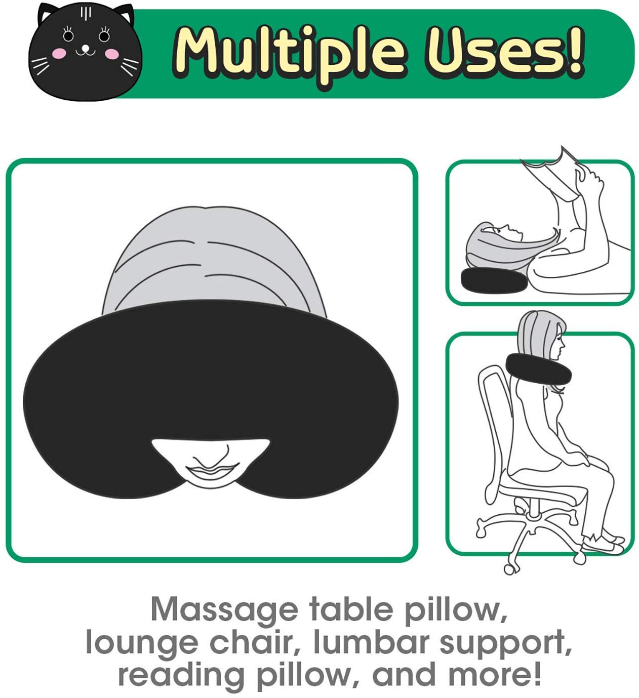HOMEWINS Kids Travel Pillow - Cute Black Cat Neck Pillow for Boys & Girls | Soft Support for Head, Neck & Chin | Perfect for Airplane, Car & Train Travel | Ideal for Long Trips & Nap Time